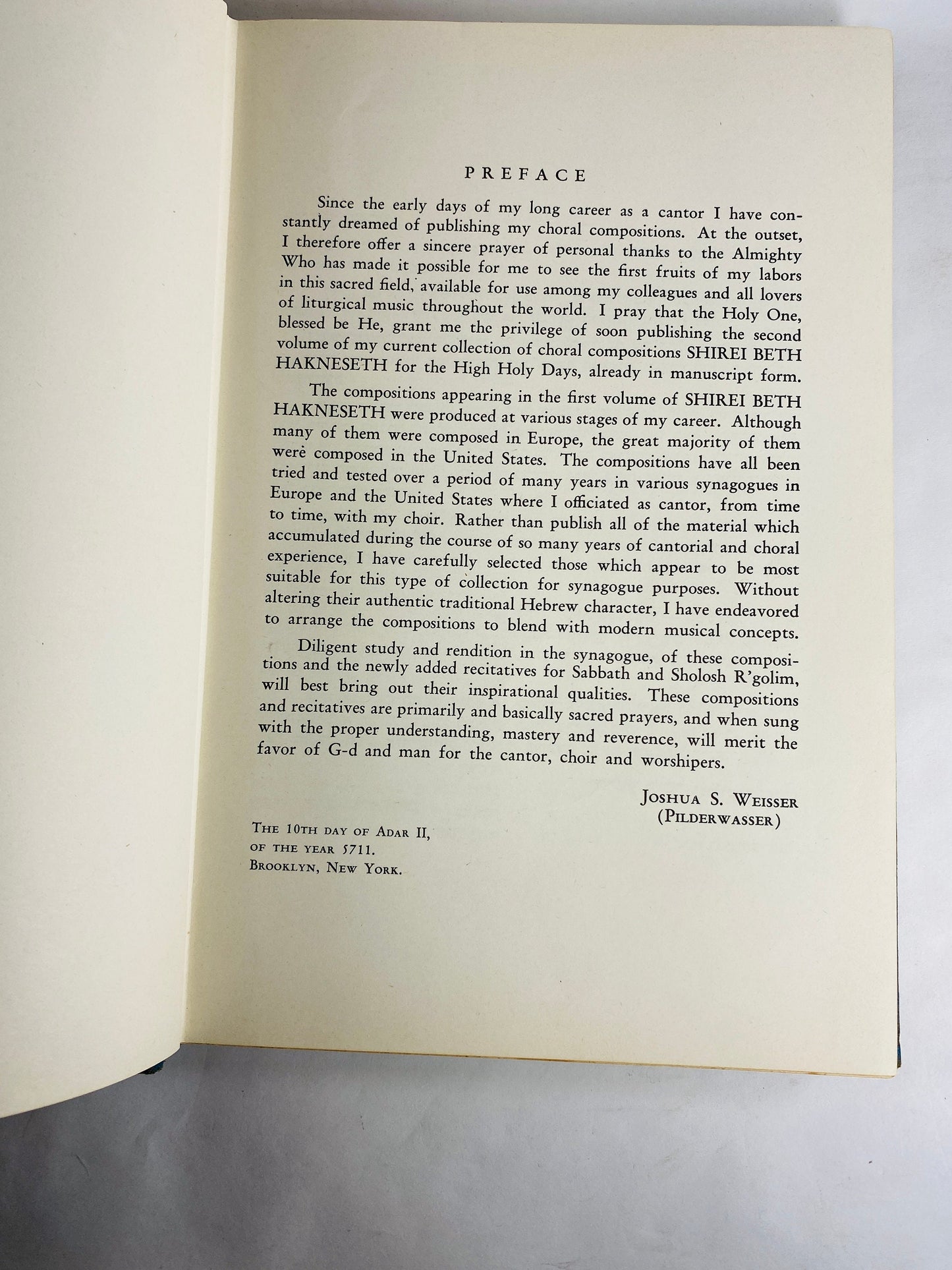 1951 Shirei Beth Hakneseth vintage book of Hebrew Prayers by Cantor Joshua Weisser for Jewish choir Sabbath and Sholosh R'golim