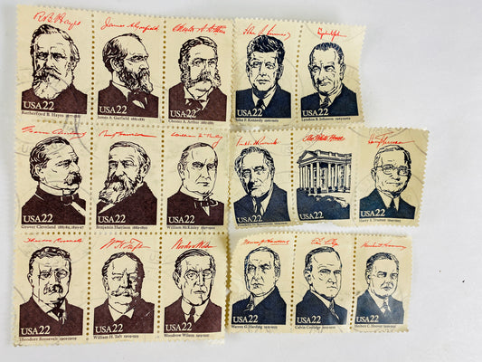 Lot of 17 commemorative stamps depicting a US President and the White House circa 1986 USED postage