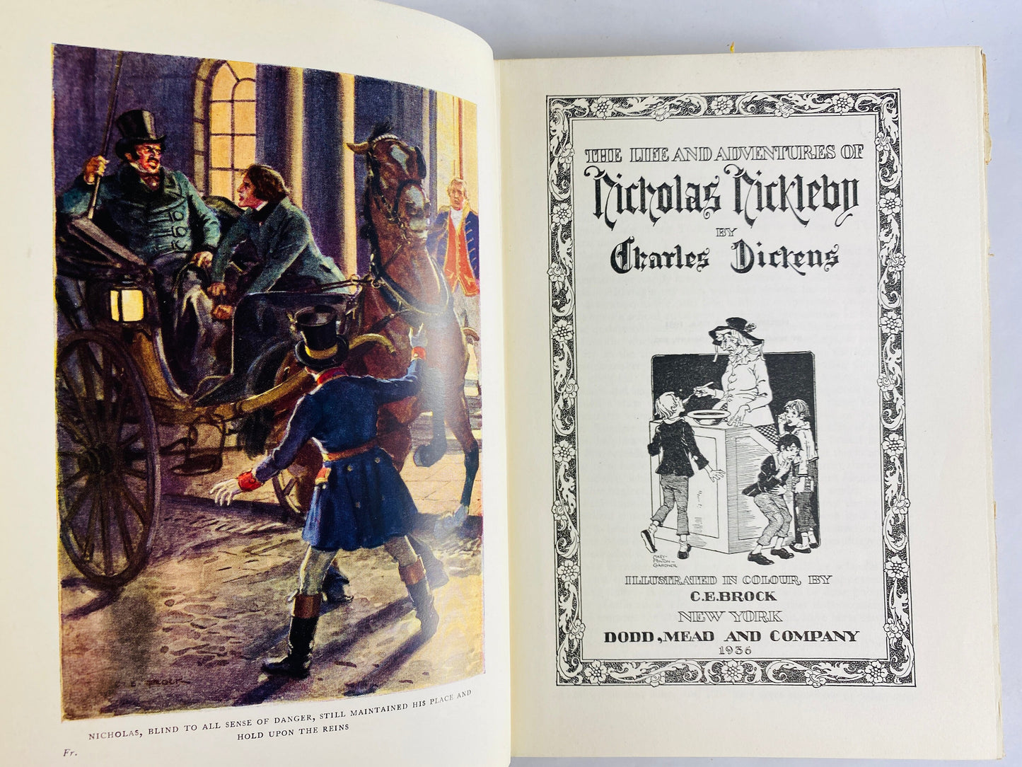 Nicholas Nickleby vintage book by Charles Dickens printed by Dodd, Mead and Co circa 1936 illustrated by CE Brock New York Home decor gift