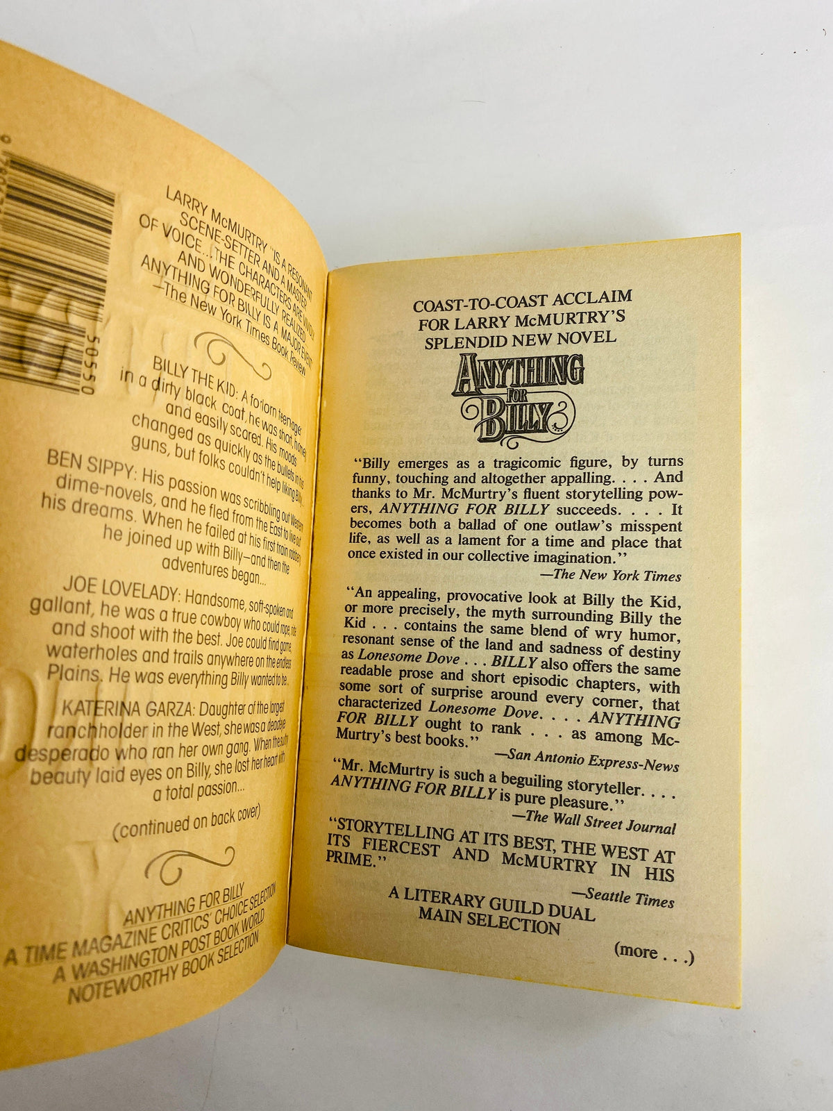 1988 Larry McMurtry Anything for Billy FIRST PRINTING vintage paperback book about Billy the Kid outlaw Texas