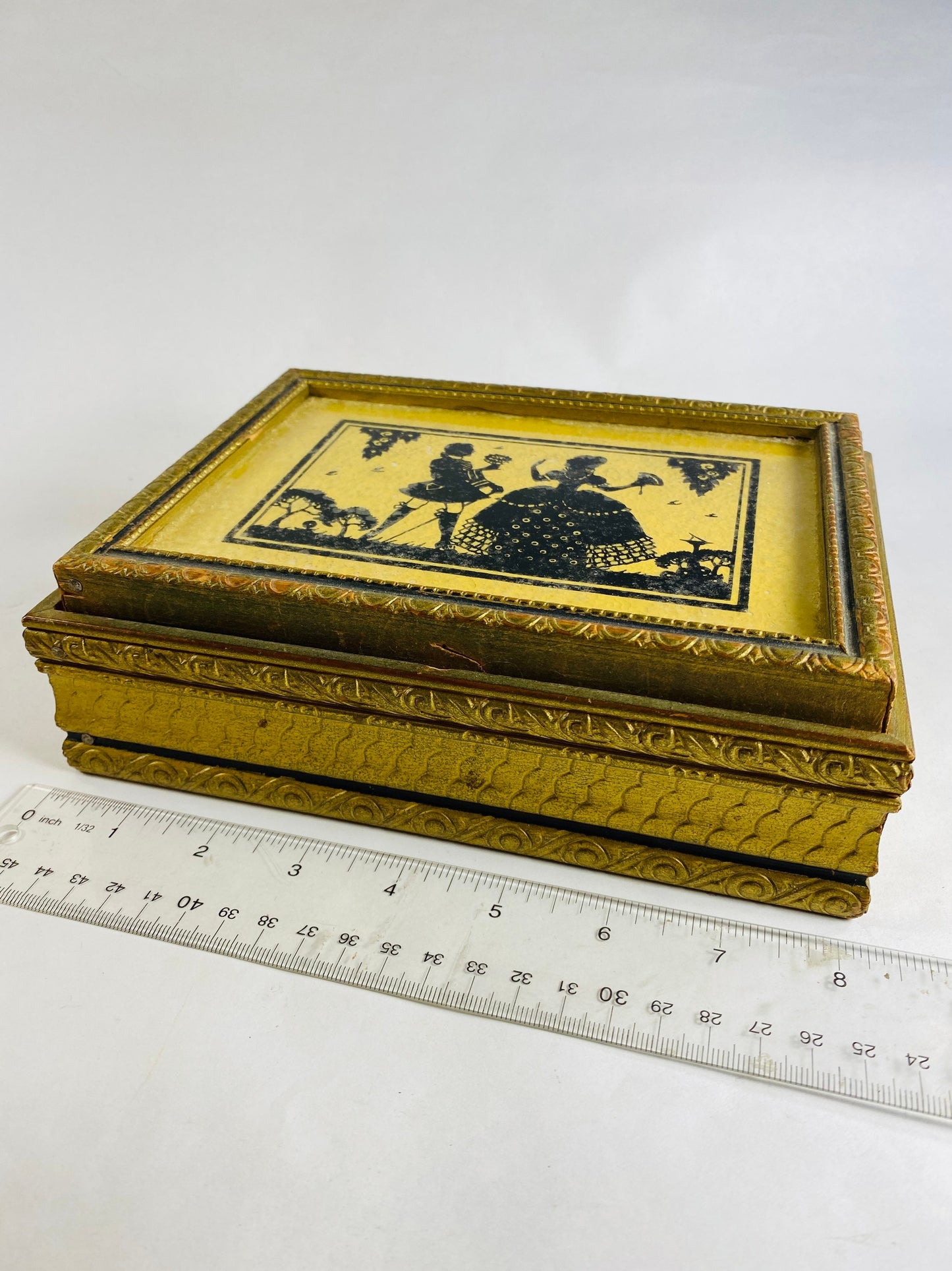1940s Art nouveau vintage letter box GORGEOUS yellow & black Victorian silhouette mirror wood frame jewelry trinket storage dancing couple