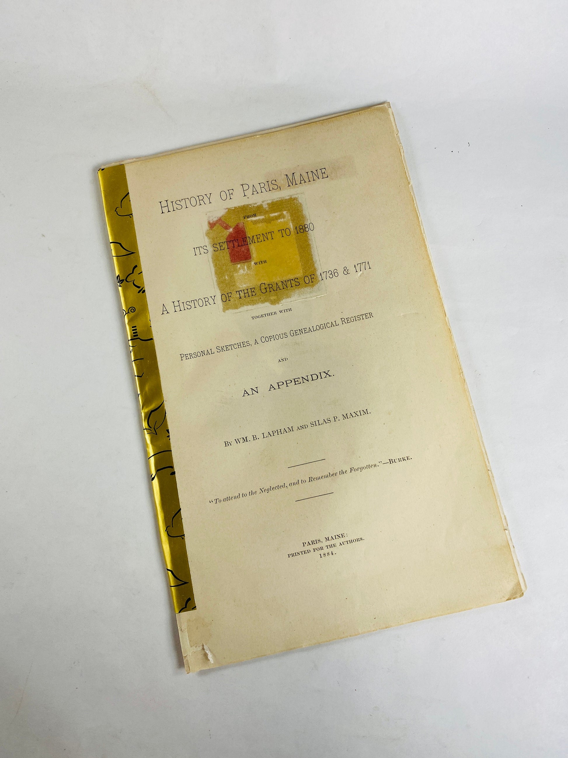 1884 History of Paris Maine vintage booklet by Lapham & Silas Maxim 8 pages with sketches and photographs (likely pieced from original book)