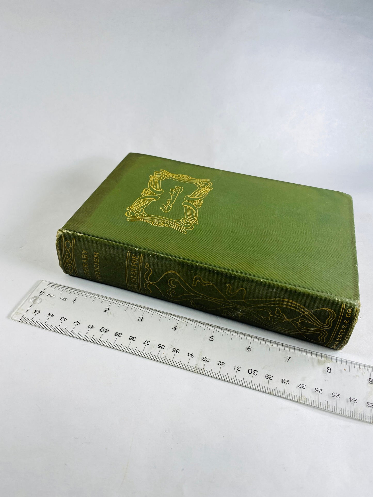 Literary Criticism of Edgar Allan Poe vintage book circa 1884 advocating for autonomy of poetry Antique collectible green decor with gold