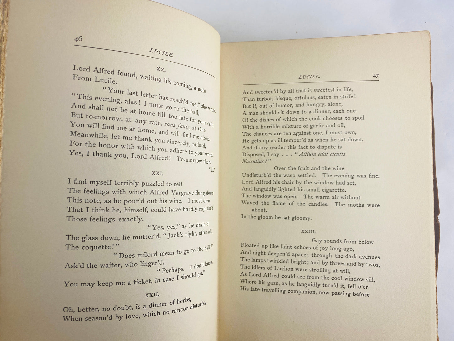 1860 Victorian Romance vintage book Lucille by Owen Meredith Gorgeous brown leather book. Poetry verse novel Robert Bulwer-Lytton. gift