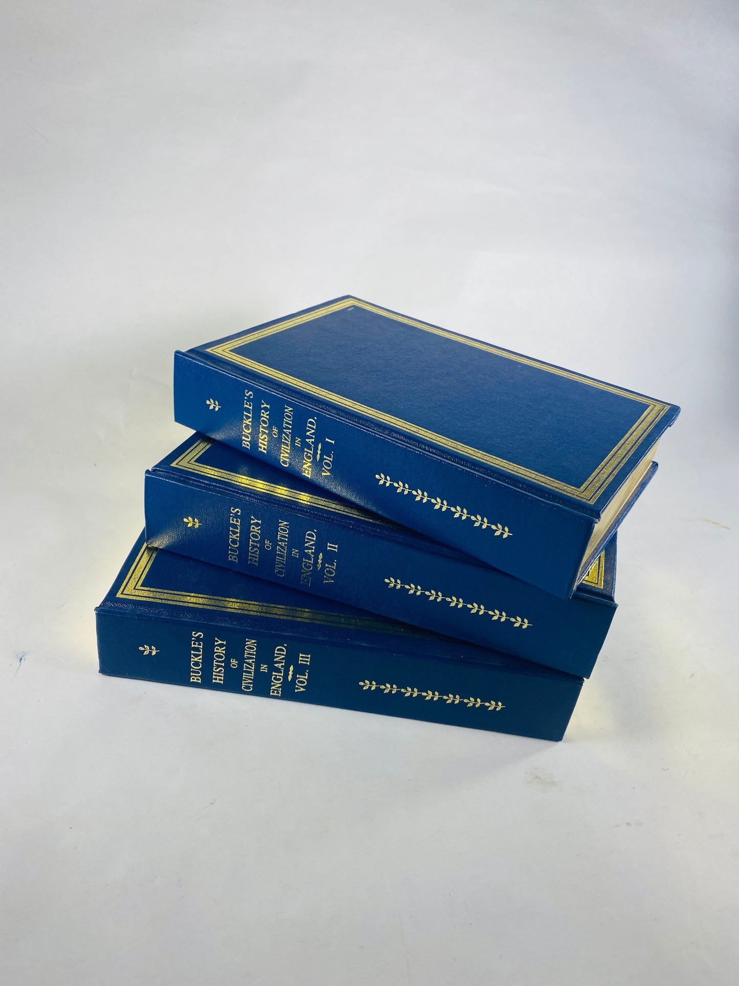 History of Civilization in England vintage book by Henry Thomas Buckle circa 1987 Beautiful blue and gold decor lot set volumes 1 2 and 3