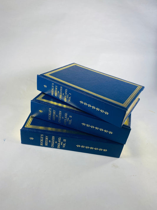 History of Civilization in England vintage book by Henry Thomas Buckle circa 1987 Beautiful blue and gold decor lot set volumes 1 2 and 3