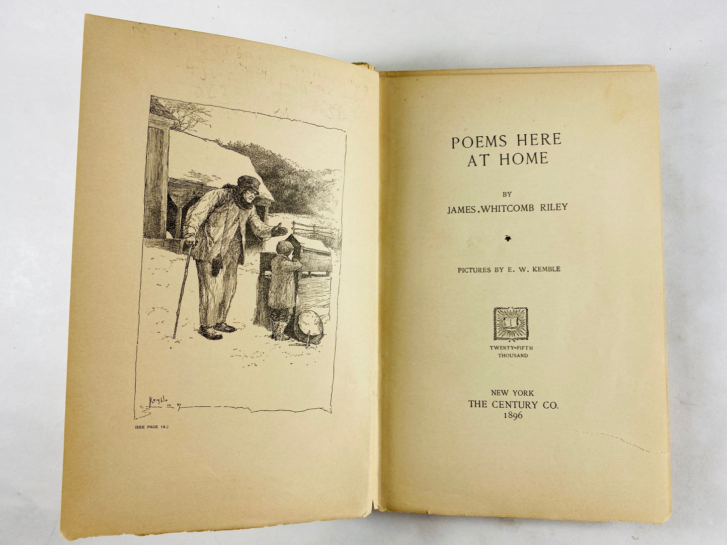 1896 Poems Here at Home by EARLY PRINTING James Whitcomb Riley Vintage book of poetry by this Indiana poet Green vellum embossed gold decor