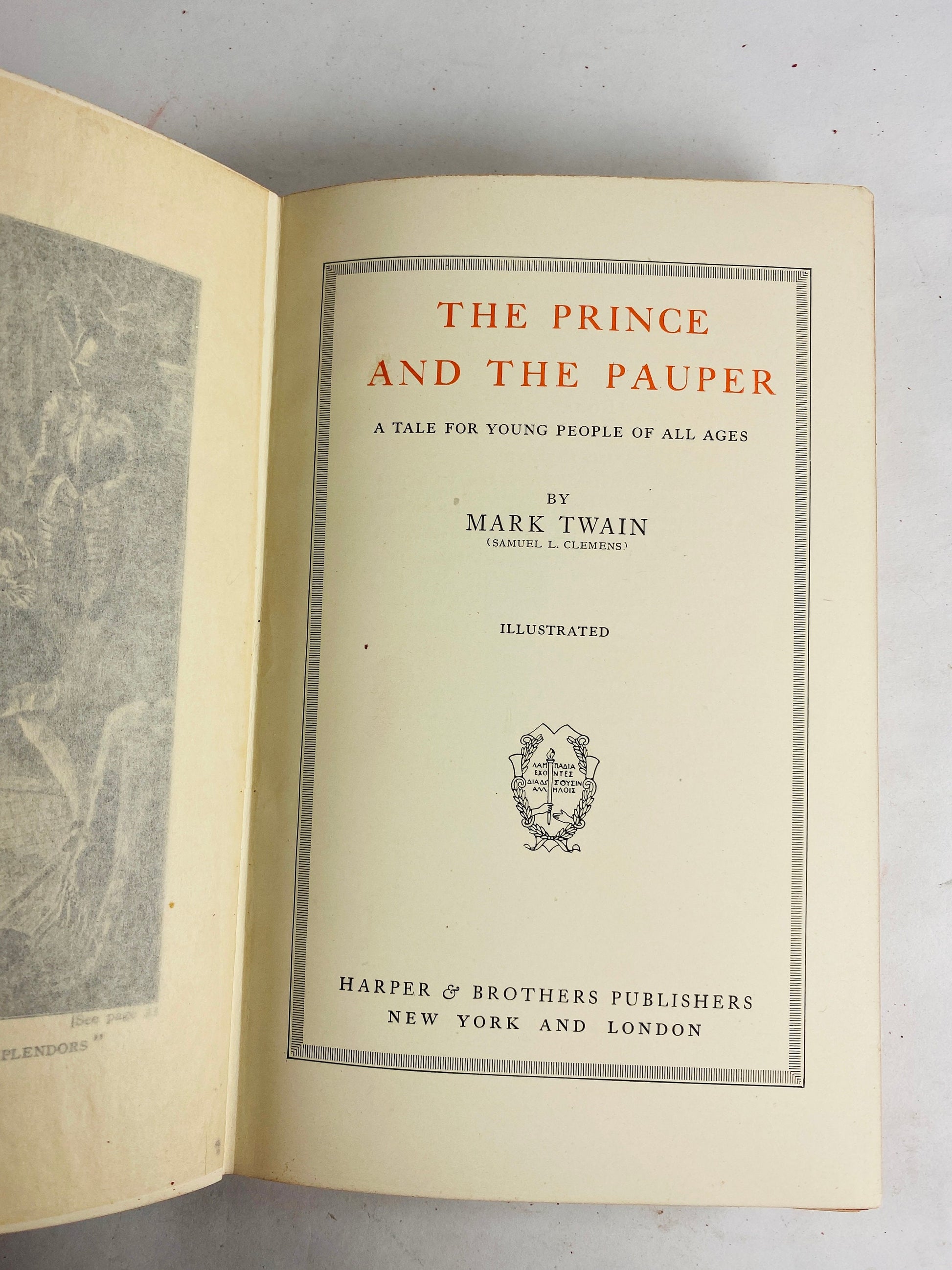 1924 Mark Twain Prince and the Pauper vintage book Samuel Clemens Harriet Shelley Sketches small red leather home bookshelf decor antique