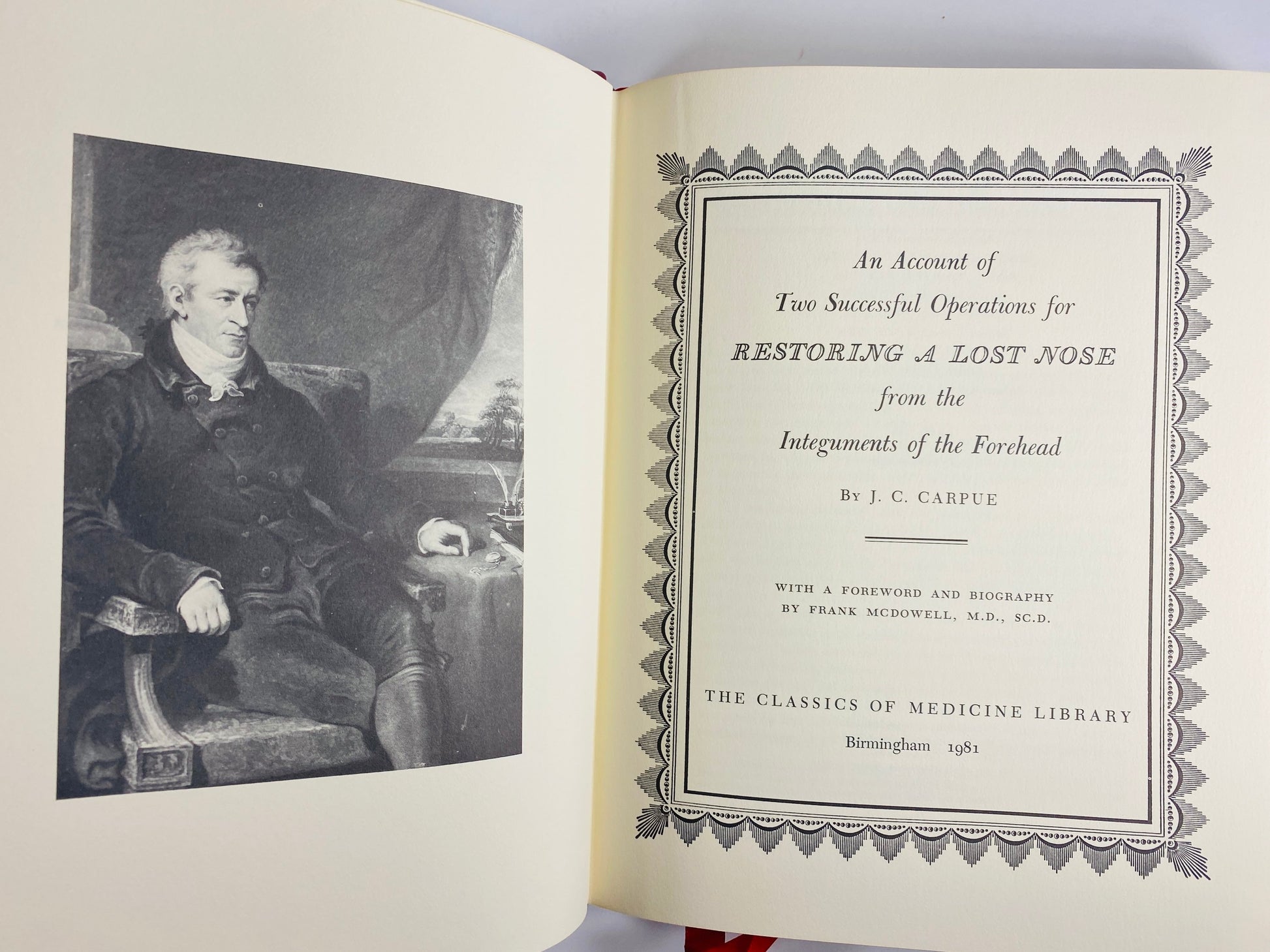 Two Successful Operations for Restoring a Lost Nose vintage medical book by Carpue GORGEOUS red embossed leather Medicine Physician Doctor