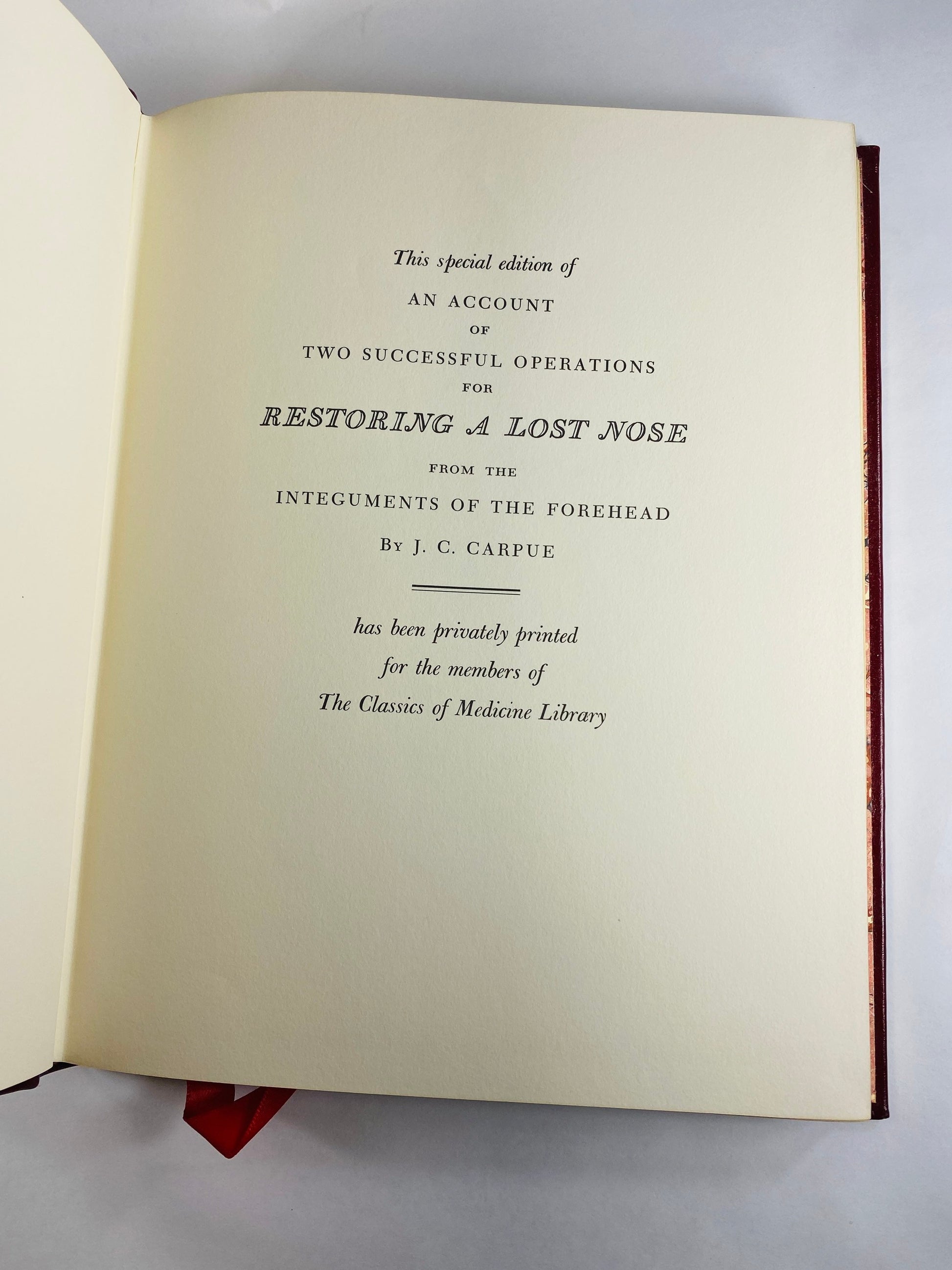 Two Successful Operations for Restoring a Lost Nose vintage medical book by Carpue GORGEOUS red embossed leather Medicine Physician Doctor