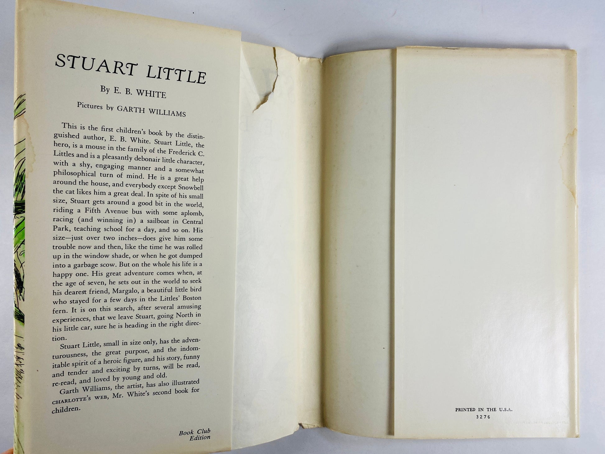 Stuart Little vintage book by EB White EARLY PRINTING illustrator Garth Williams circa 1945, same year as First Edition. Book Club Edition