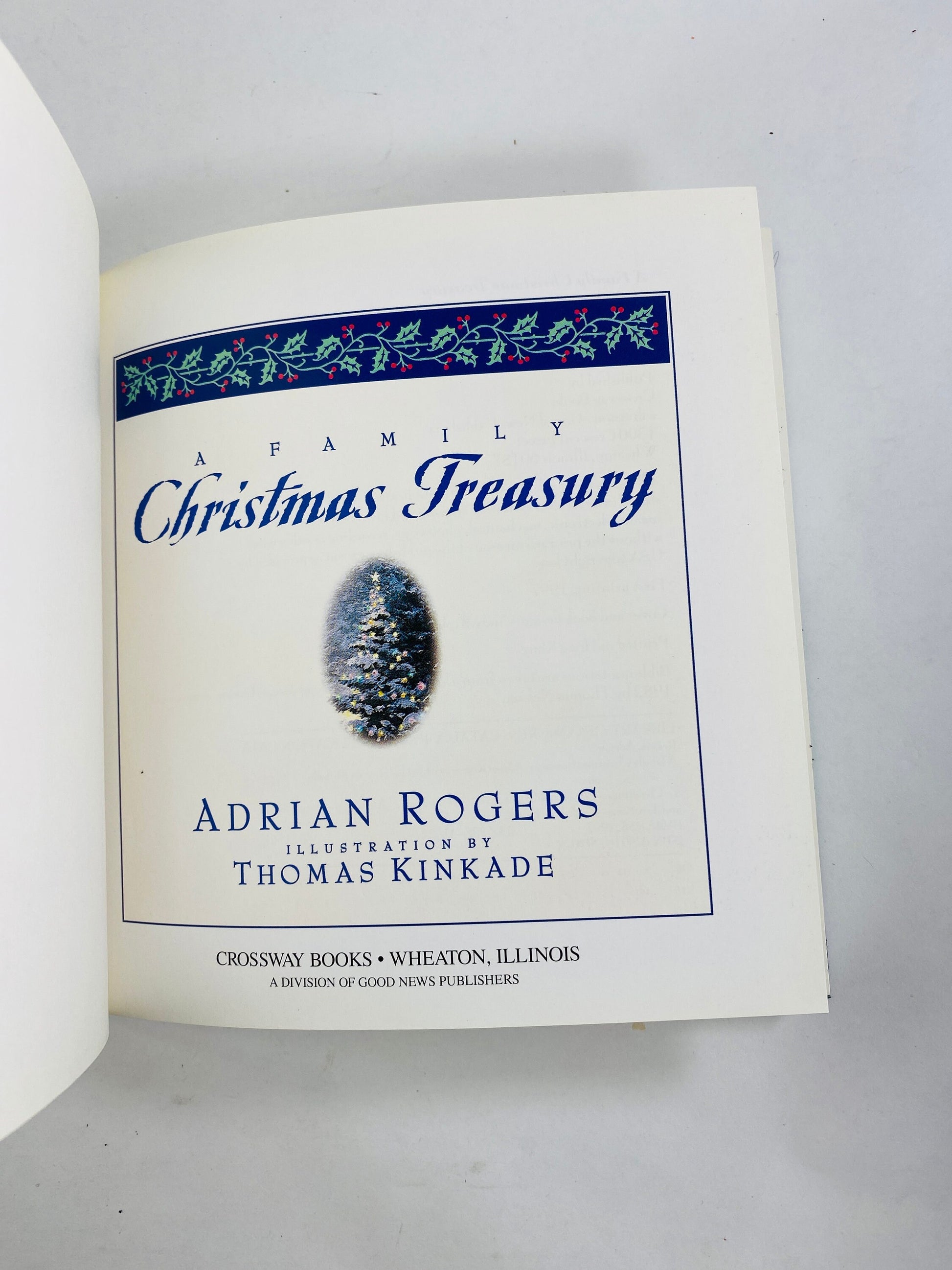 Family Christmas Treasury vintage book by Adrian Rogers illustrated by Thomas Kinkade small green cloth holiday decor Christian Jesus virtue