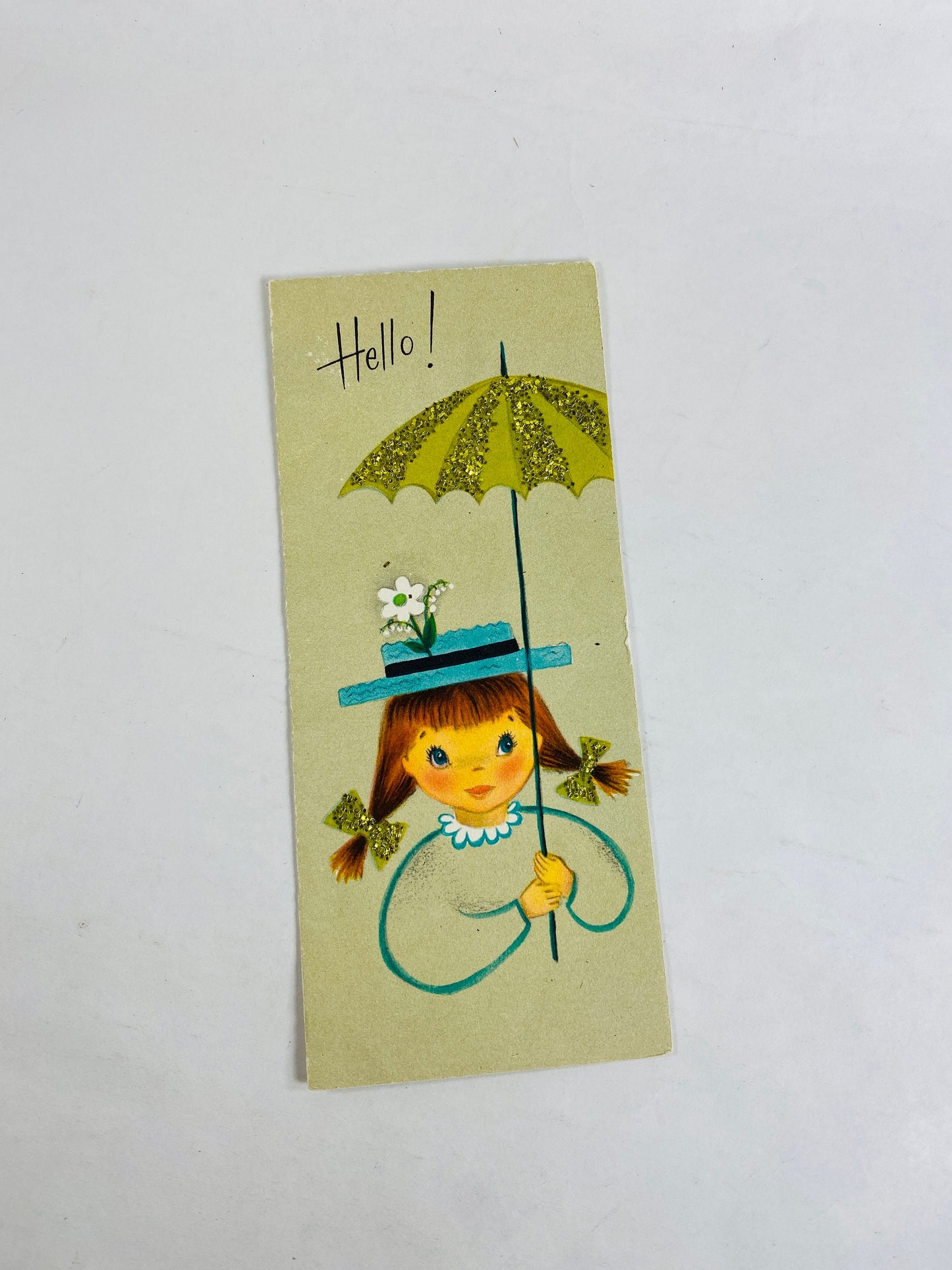 1970 Vintage greeting card sweet Unused Hallmark card reto girl with umbrella. Avocado green decor Thinking of You card hello