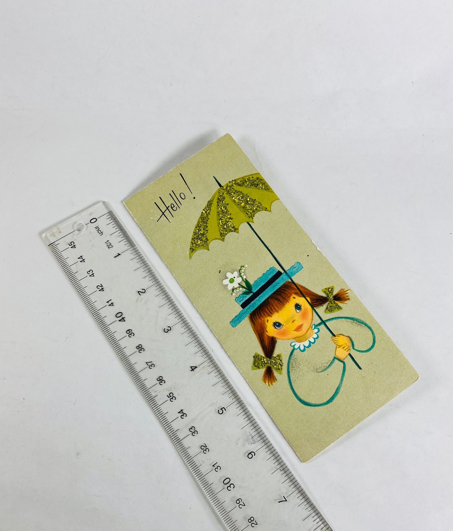 1970 Vintage greeting card sweet Unused Hallmark card reto girl with umbrella. Avocado green decor Thinking of You card hello