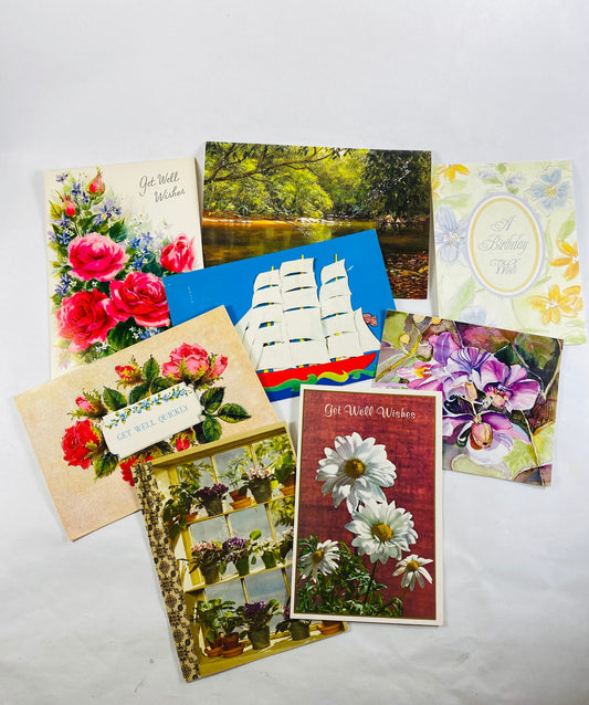 Vintage 1970s birthday and best wishes get well cards Lot of 8 greetings in VG condition! Flowers roses nature sail boat decor