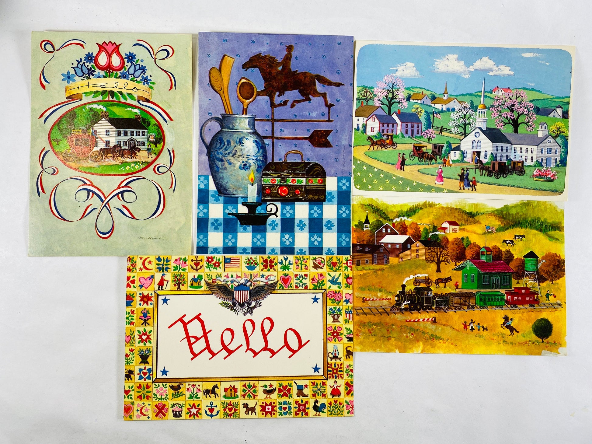 Vintage 1970s country themed post card lot of 5 postcards in VG condition! Chruch farm nature gingham picnic kitchen