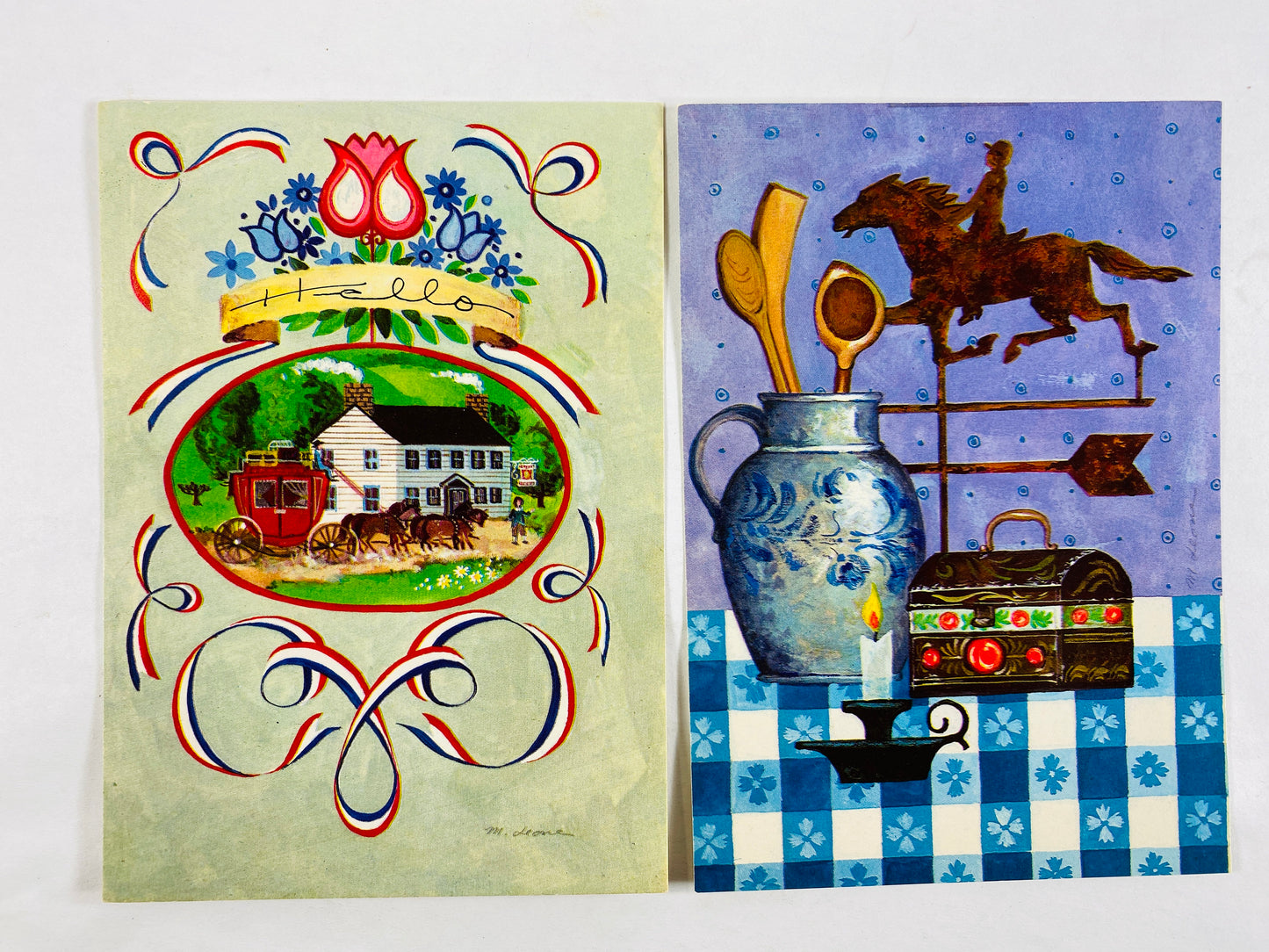 Vintage 1970s country themed post card lot of 5 postcards in VG condition! Chruch farm nature gingham picnic kitchen