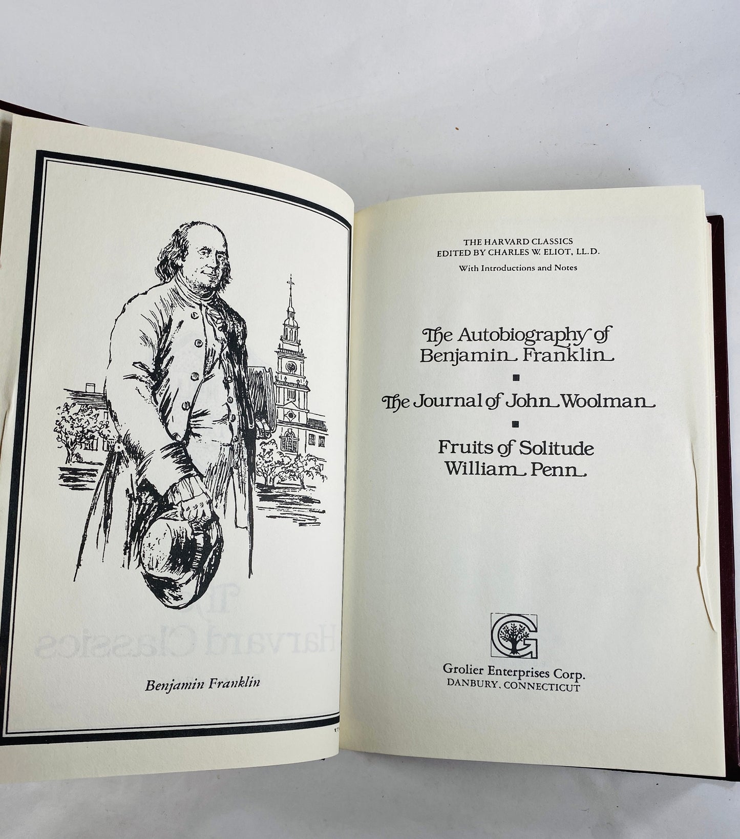 Ben Franklin vintage Harvard Classics book philosophy green with 22kt gold gilded lettering gift Woolman William Penn