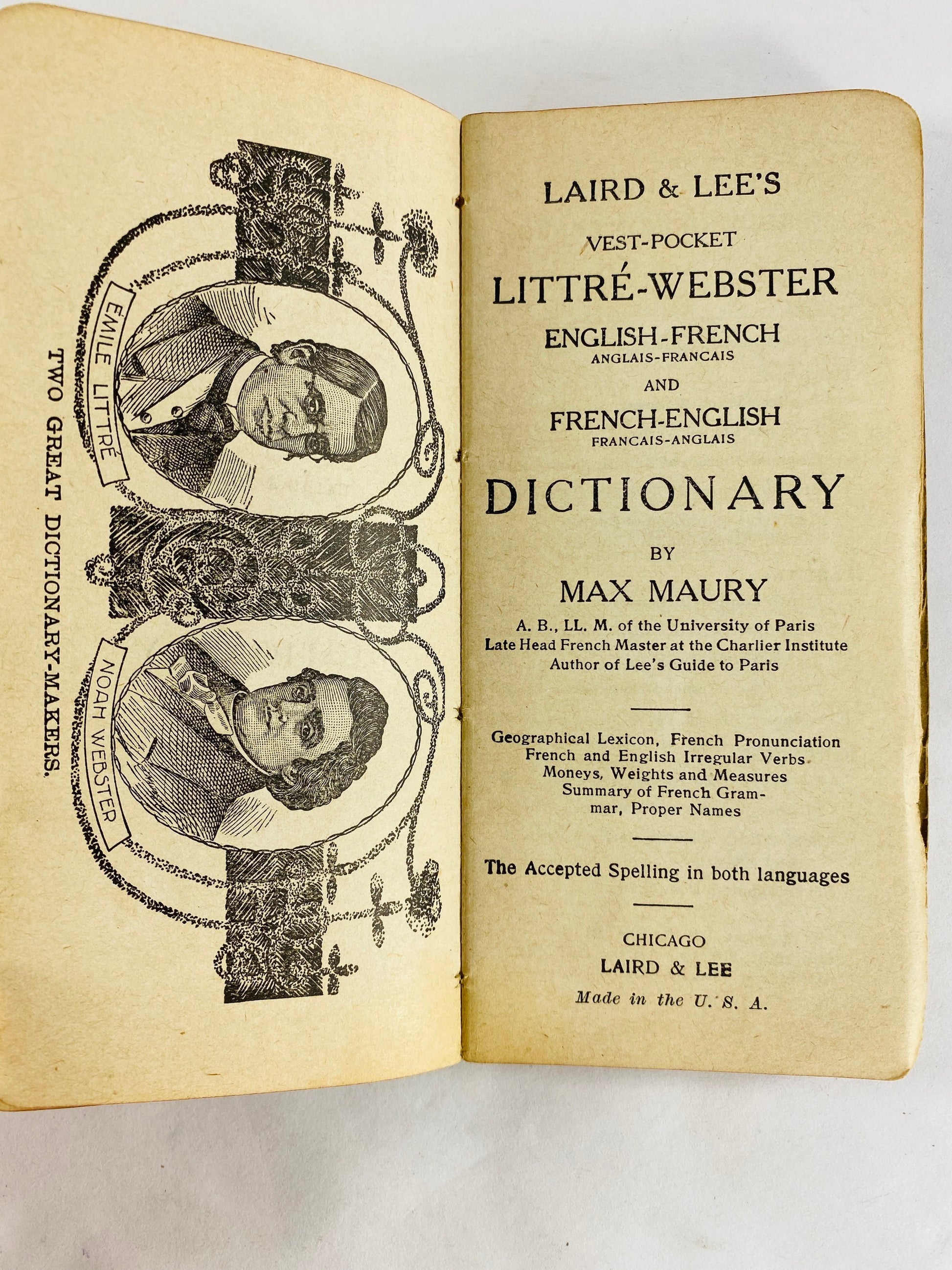 1920 Laird & Lee English French vintage dictionary small miniature antique best pocket book by Max Maury