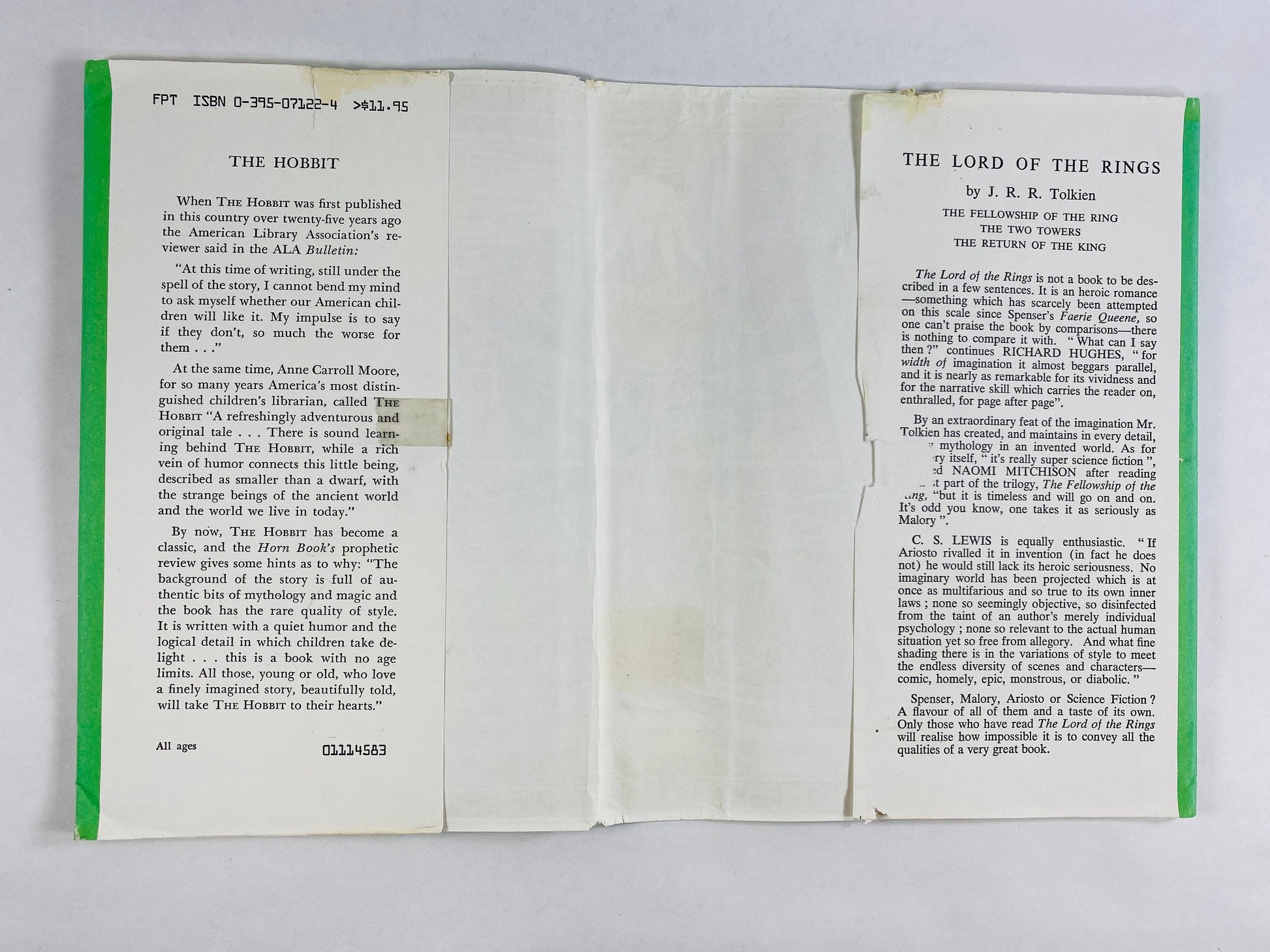 Hobbit or There and Back Again by JRR Tolkien vintage book with dust jacket Third Edition 39th printing Science fiction Lord of the Rings