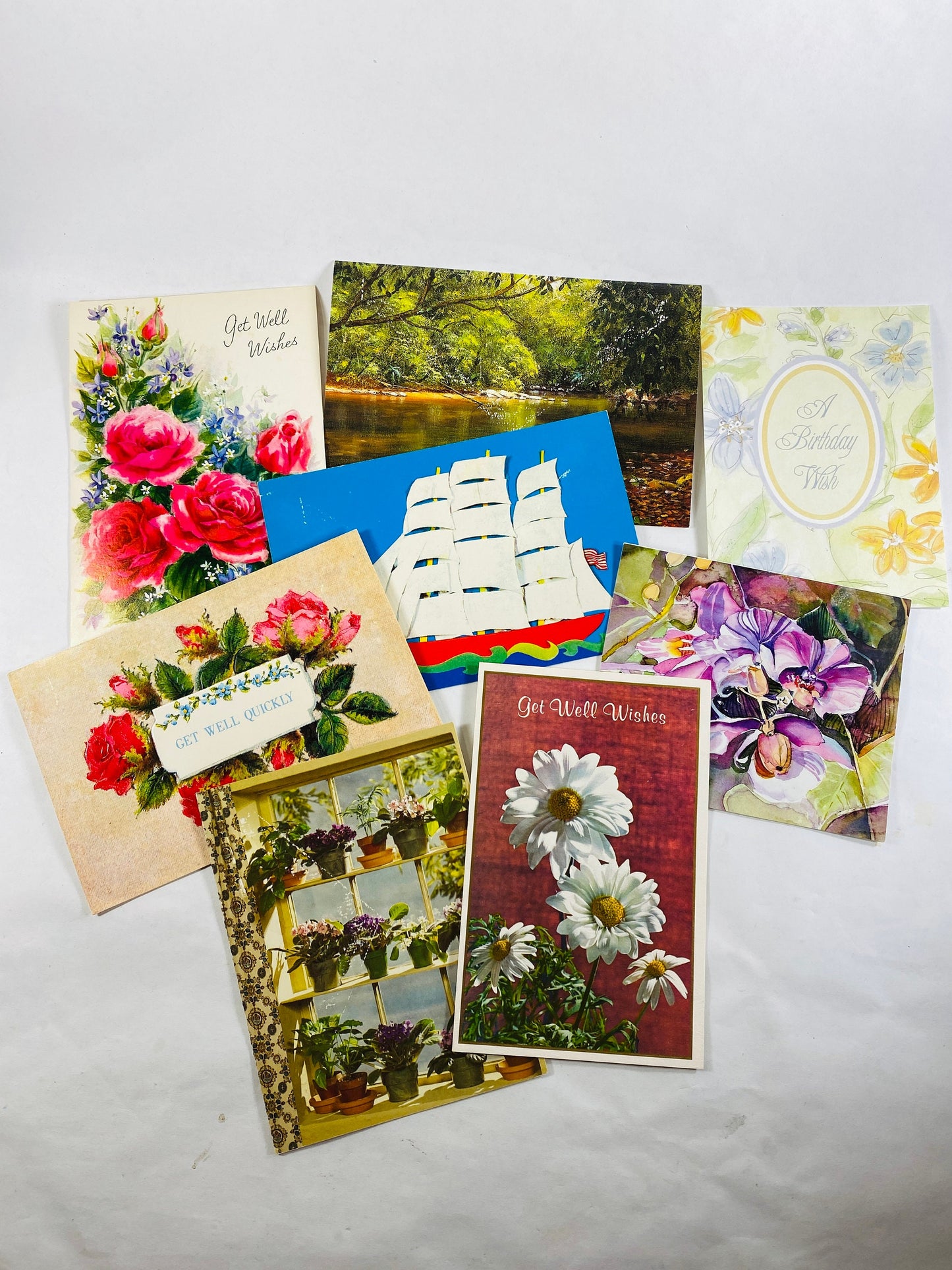 Vintage 1970s birthday and best wishes get well cards Lot of 8 greetings in VG condition! Flowers roses nature sail boat decor