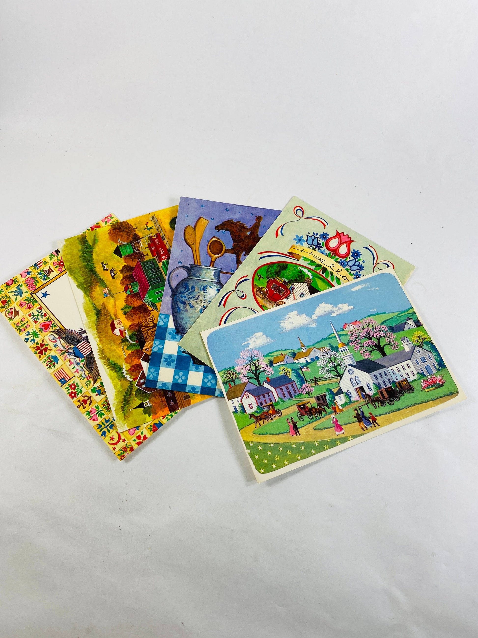 Vintage 1970s country themed post card lot of 5 postcards in VG condition! Chruch farm nature gingham picnic kitchen