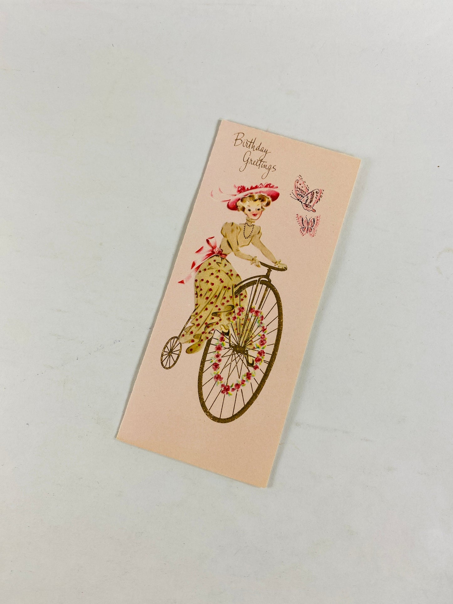 1960 Vintage pink birthday greeting card sweet Unused Sunshine card retro girl on bicycle Happy birthday friend