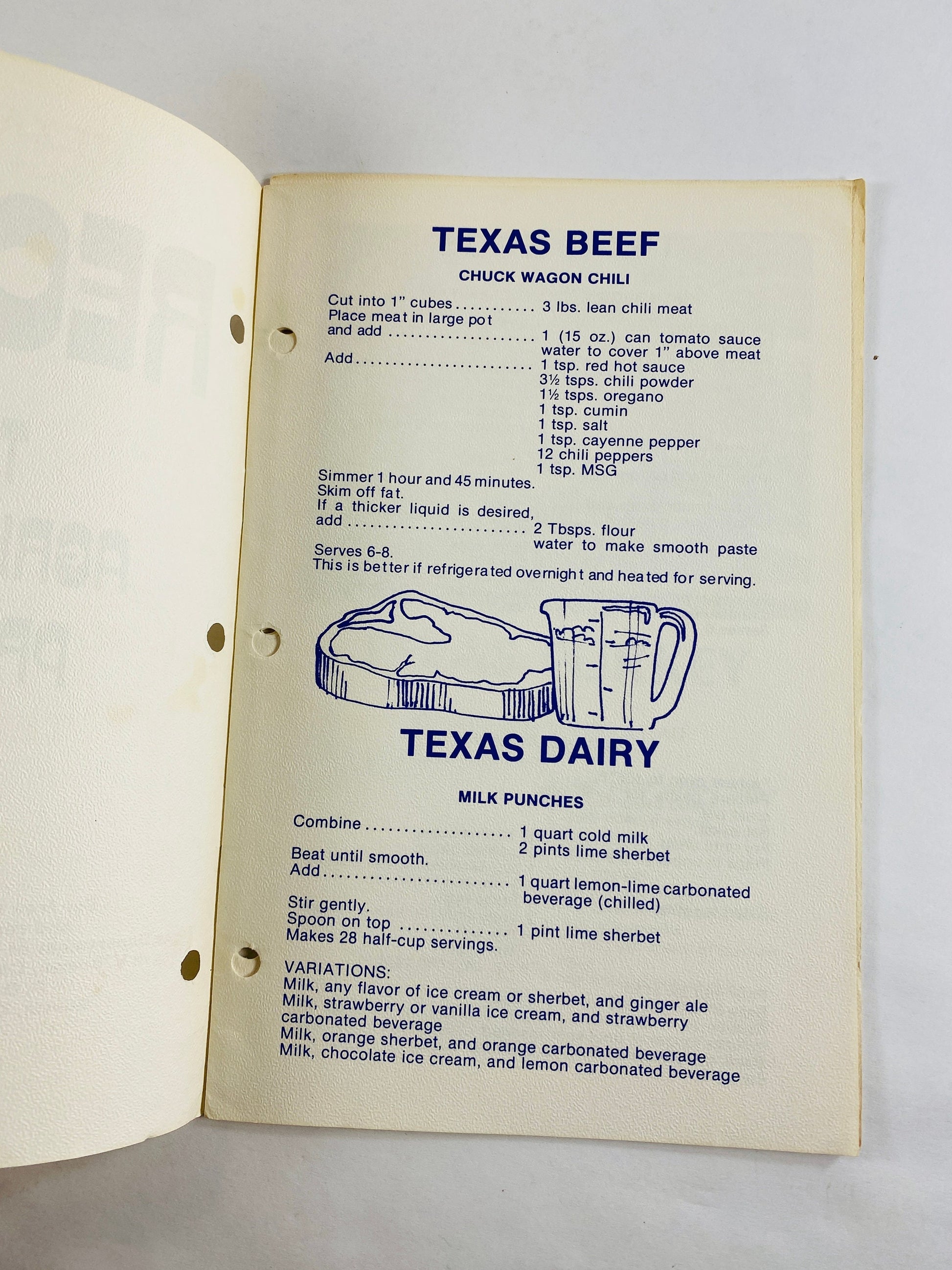 Texas Recipes & Agricultural Products vintage cookbook booklet Chuck Wagon Chili, Milk Punches, Date Bars, Pecan Cheese Ball, Spareribs