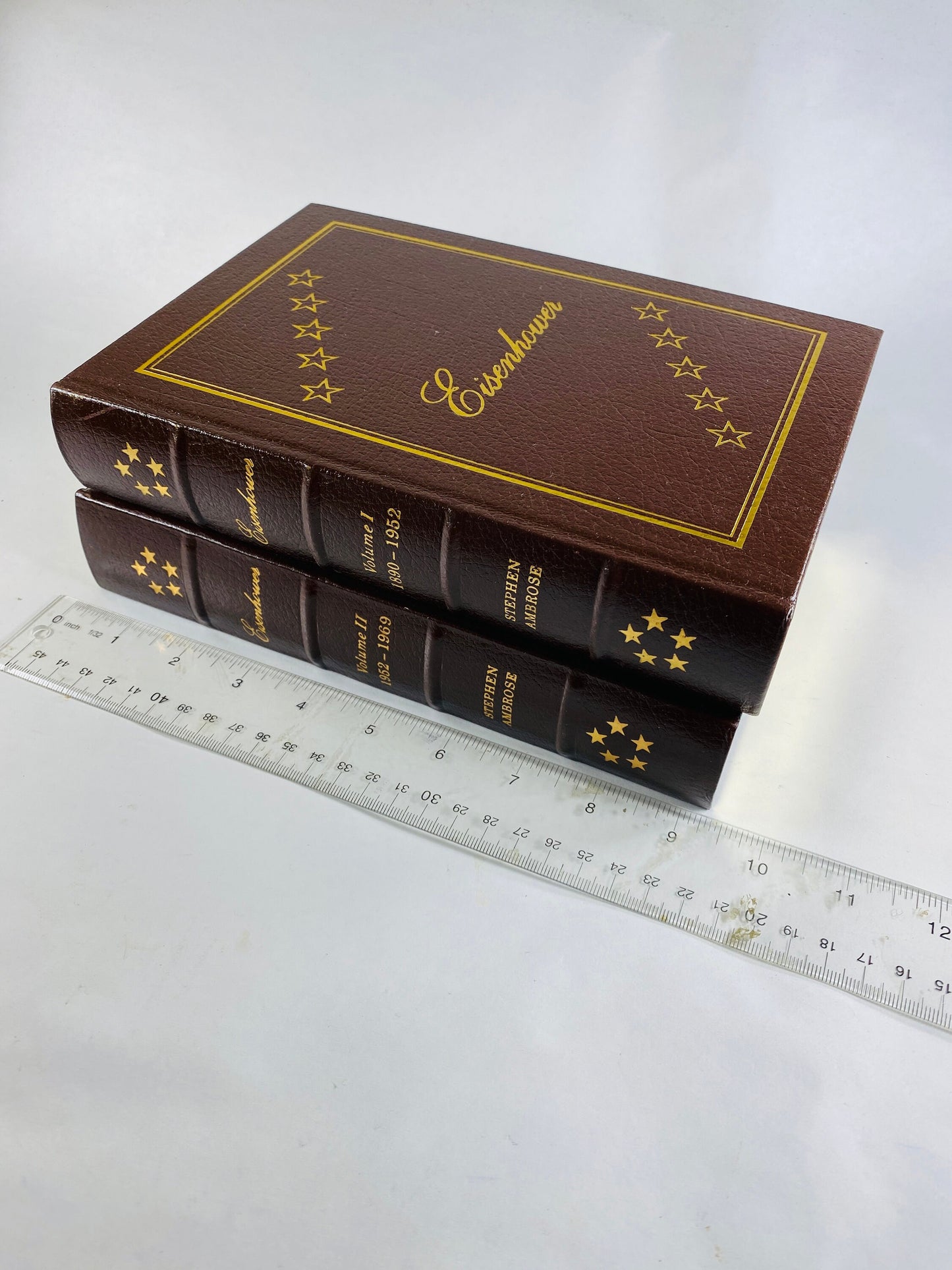 Stephen Ambrose vintage Easton Press Eisenhower book set circa 1987 US President GORGEOUS brown leather, gold History Father's Day gift