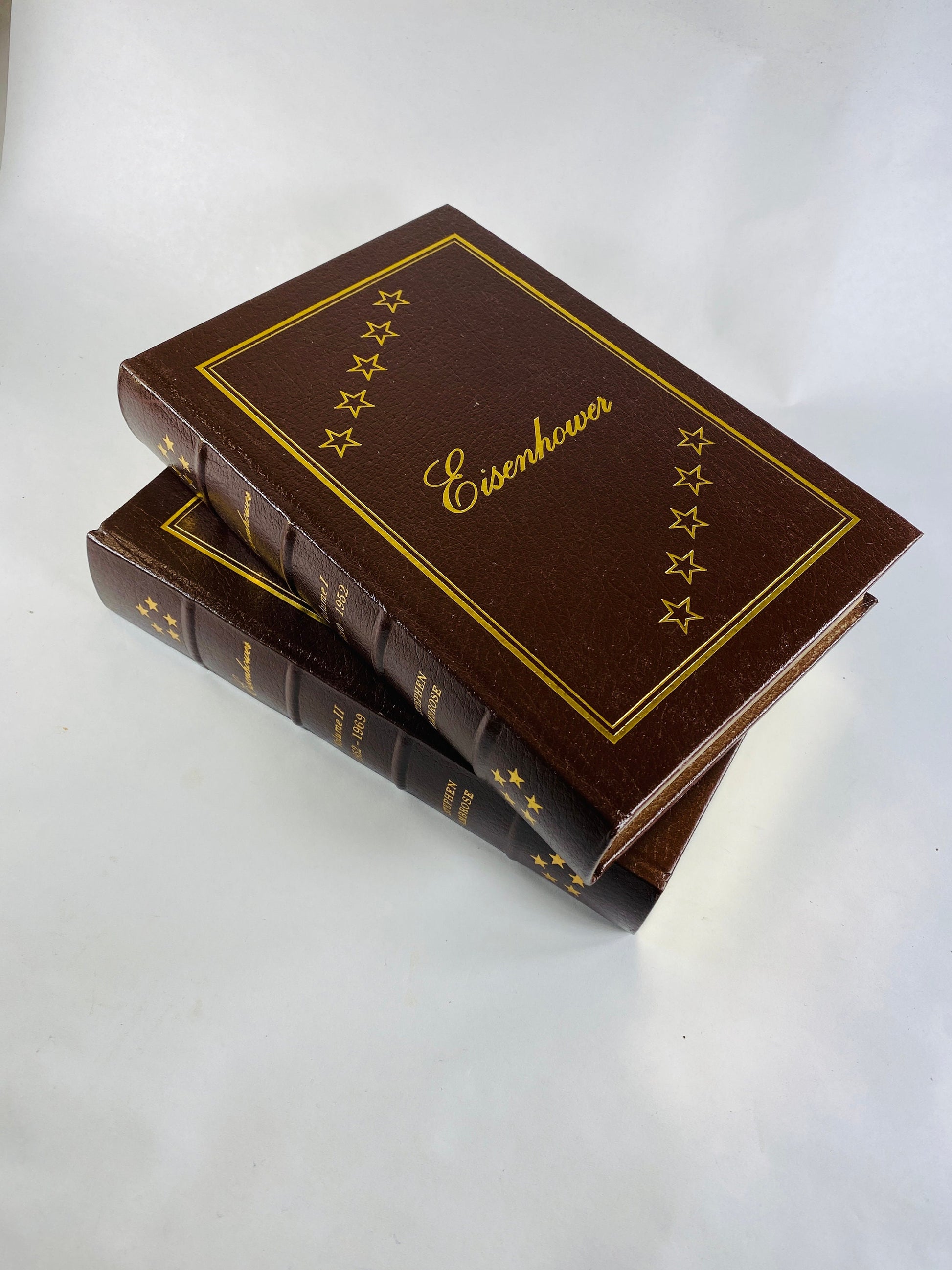 Stephen Ambrose vintage Easton Press Eisenhower book set circa 1987 US President GORGEOUS brown leather, gold History Father's Day gift