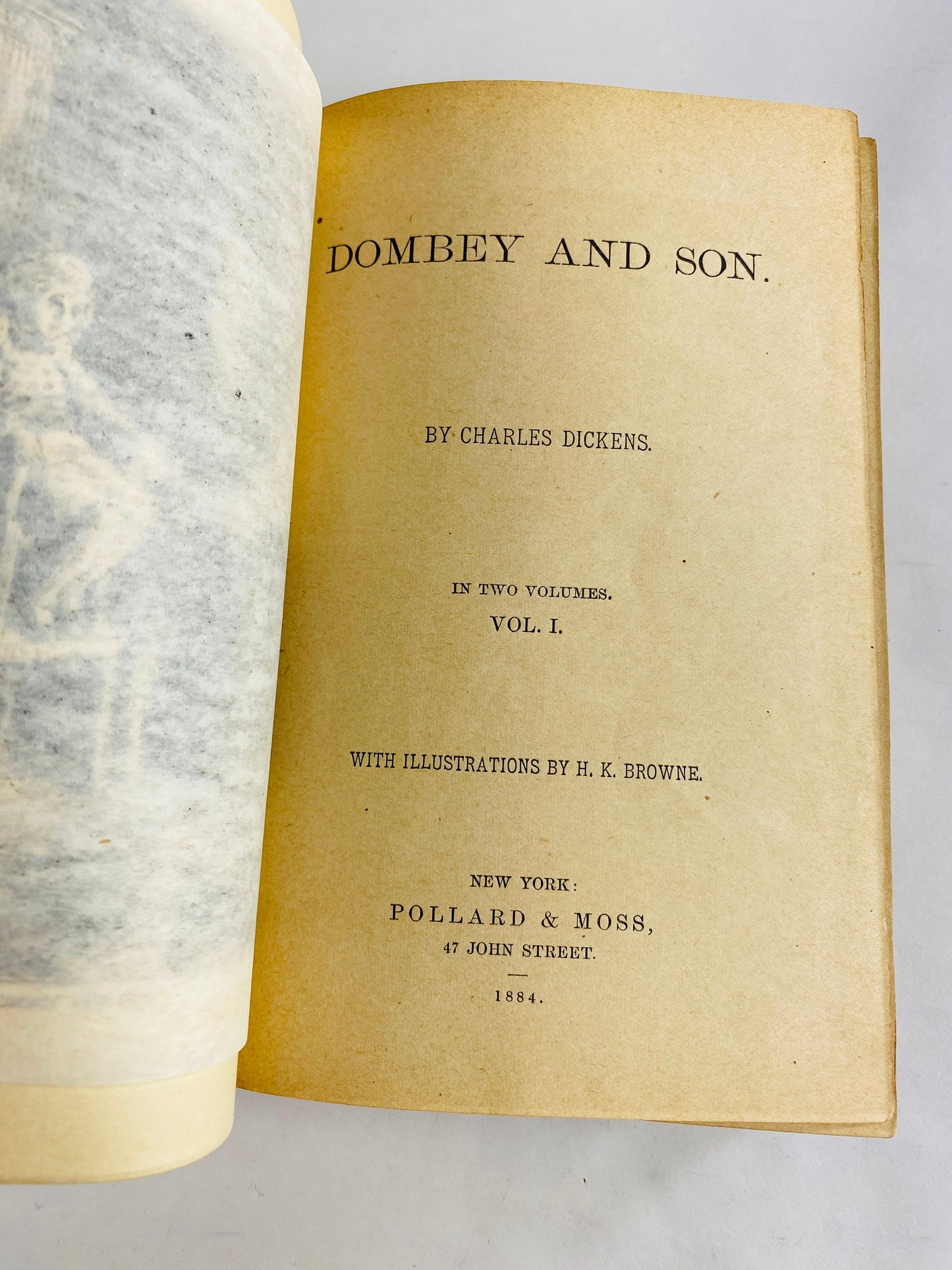 Charles Dickens Dombey and Son Beautiful vintage book circa 1884 antique brown home decor marbled, decorated end papers, gilt lettering