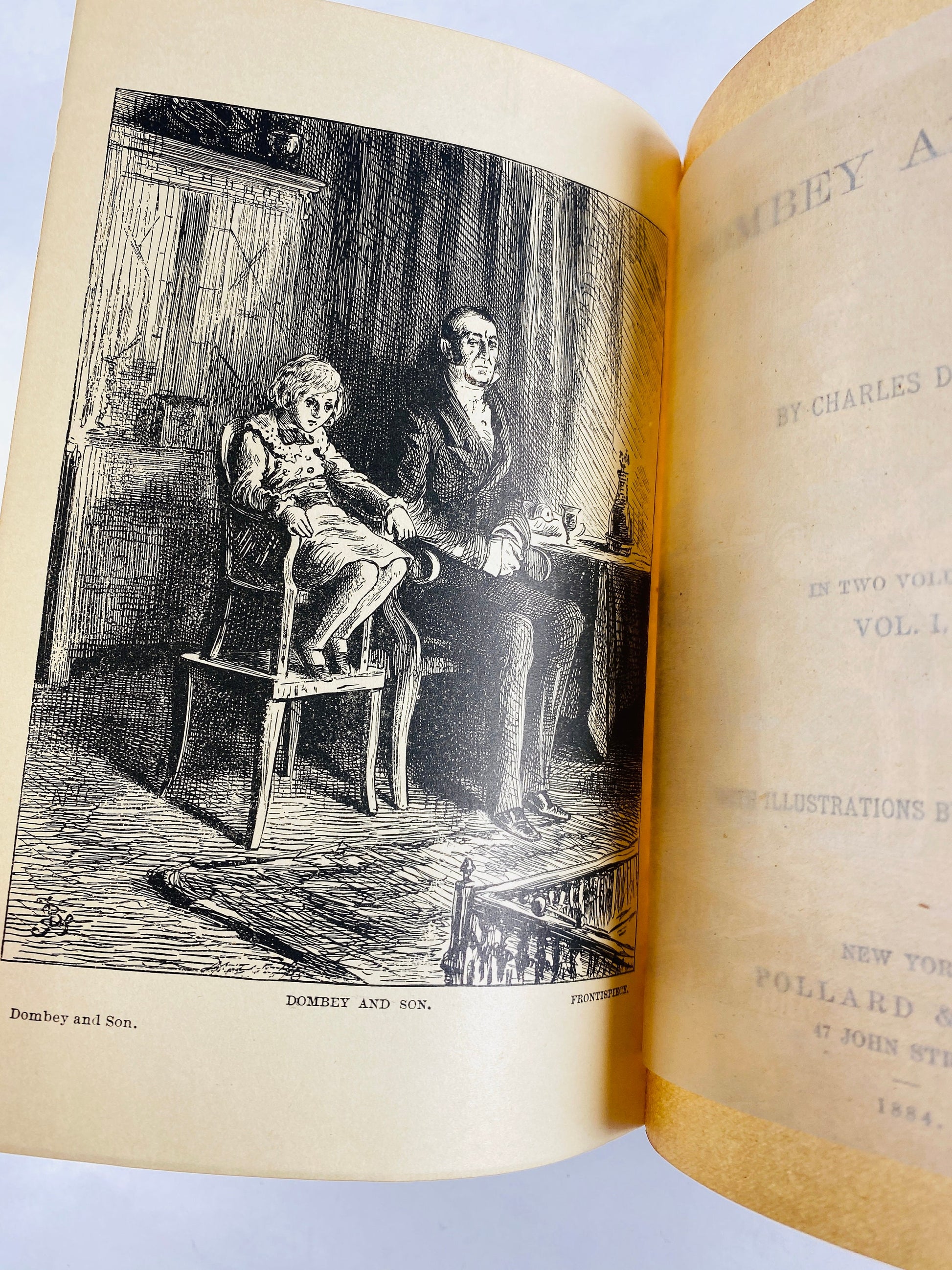 Charles Dickens Dombey and Son Beautiful vintage book circa 1884 antique brown home decor marbled, decorated end papers, gilt lettering