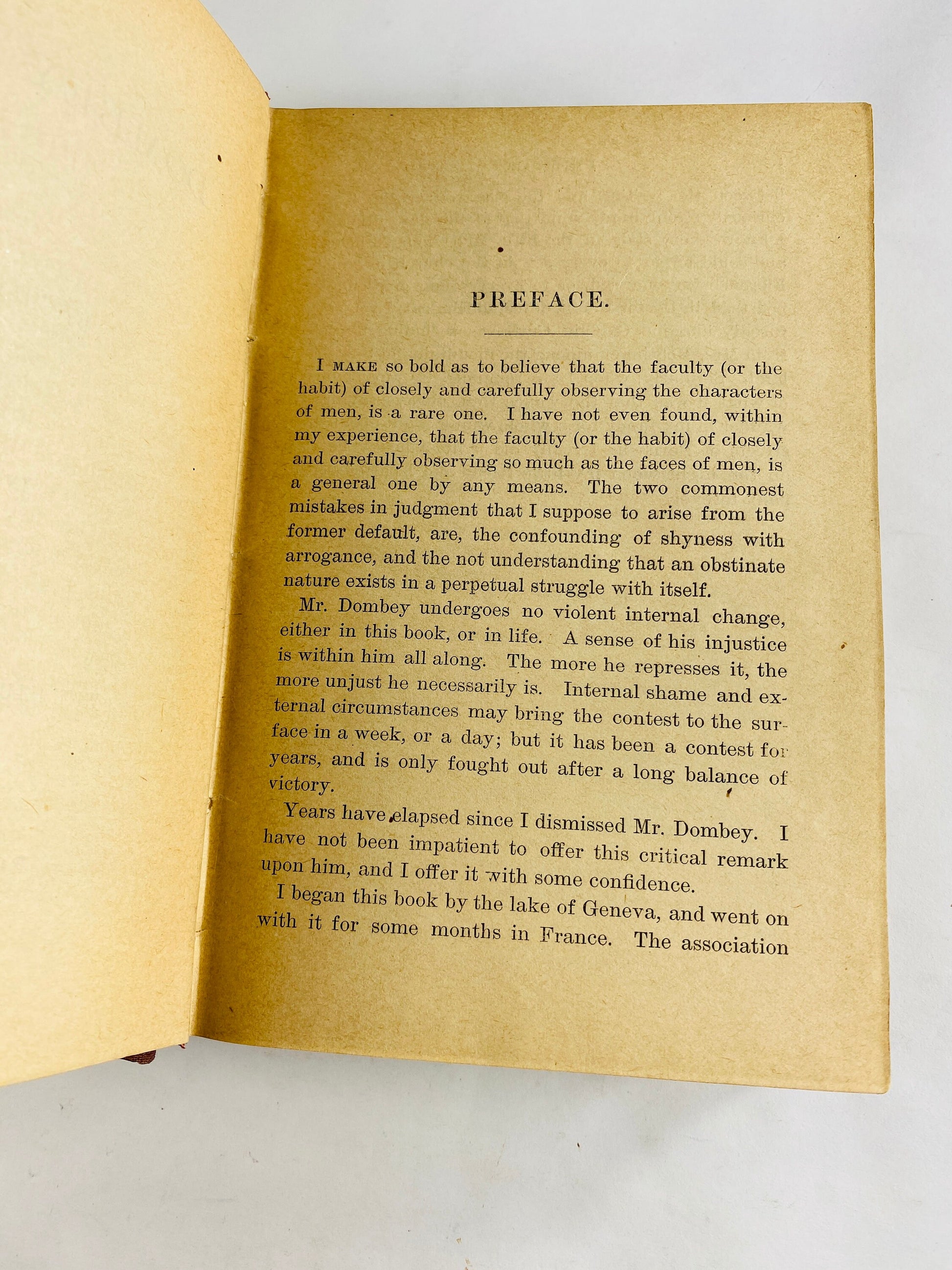 Charles Dickens Dombey and Son Beautiful vintage book circa 1884 antique brown home decor marbled, decorated end papers, gilt lettering