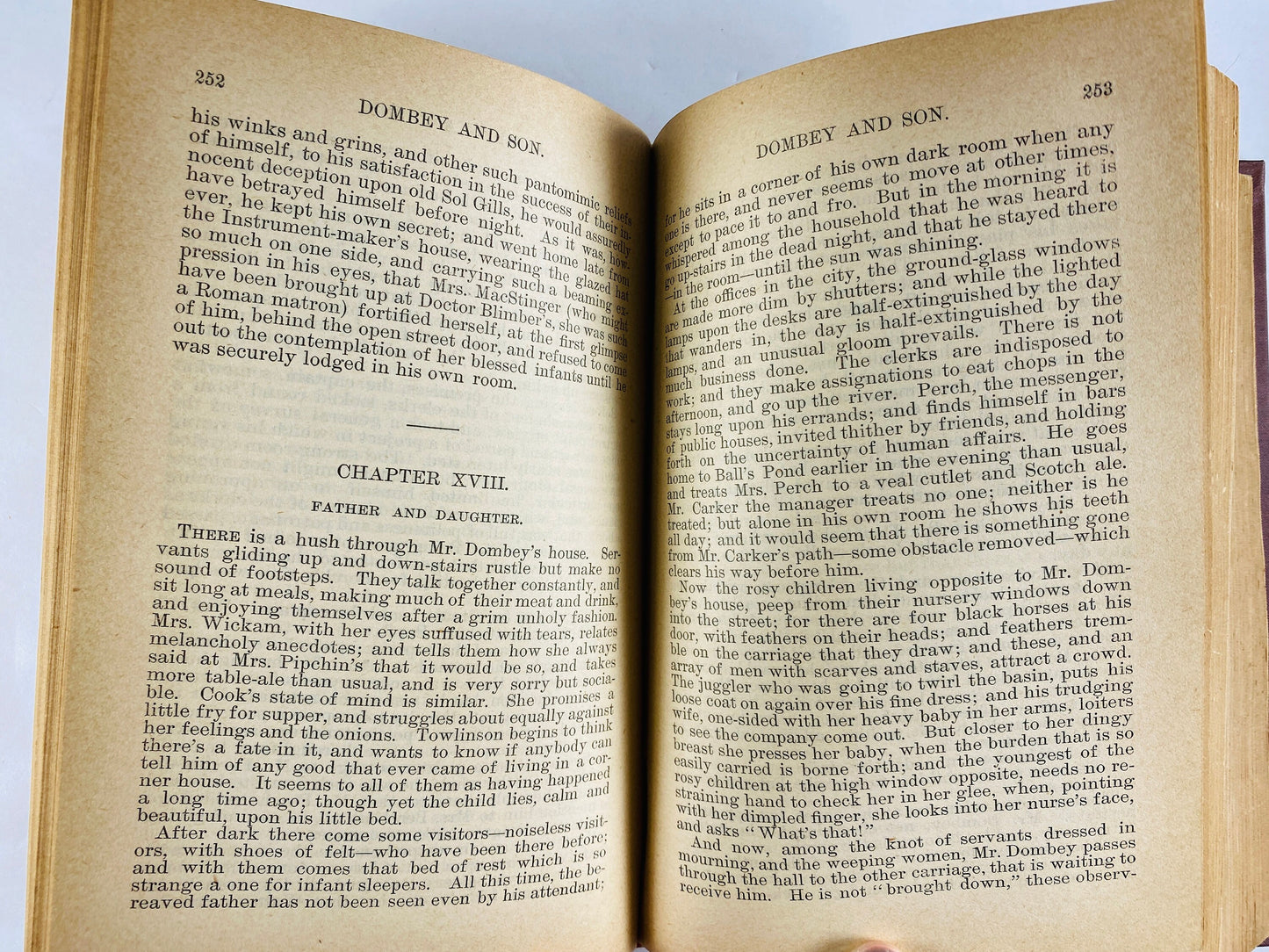Charles Dickens Dombey and Son Beautiful vintage book circa 1884 antique brown home decor marbled, decorated end papers, gilt lettering