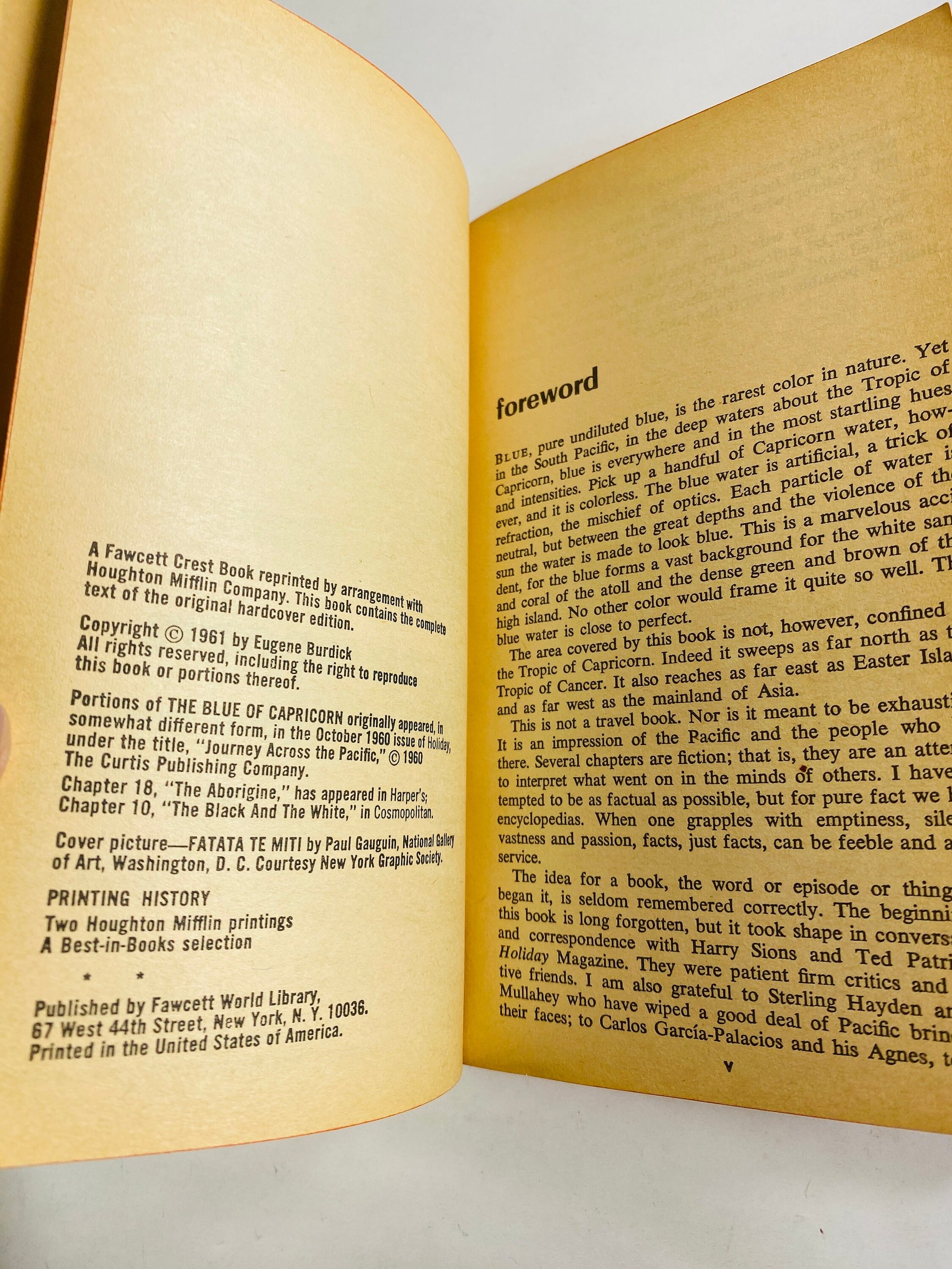 Blue of Capricorn vintage paperback book by Eugene Burdick circa 1961 stories of men of all races who fought and loved in ocean's reflection