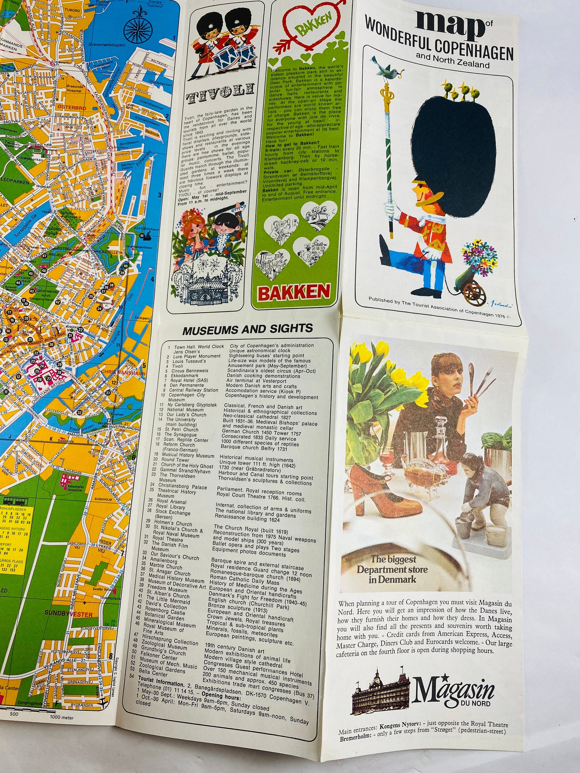 Cophenhagen Vintage tourist map European travel brochure circa 1976 also details New Zealand. Suitable for framing