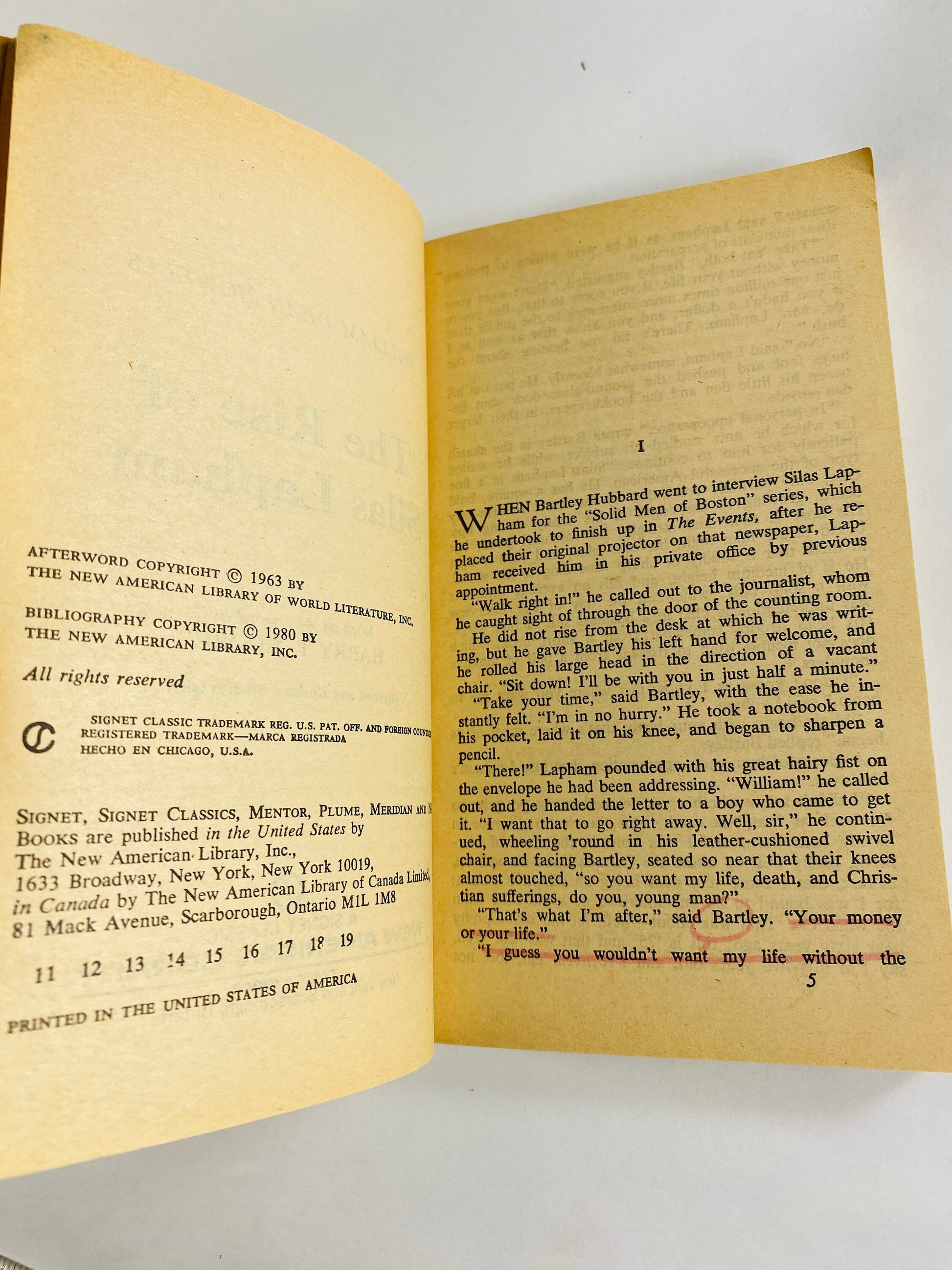 Rise of Silas Lapham by William Howells Vintage Signet paperback book about a self-made millionaire in Boston during the Gilded Age