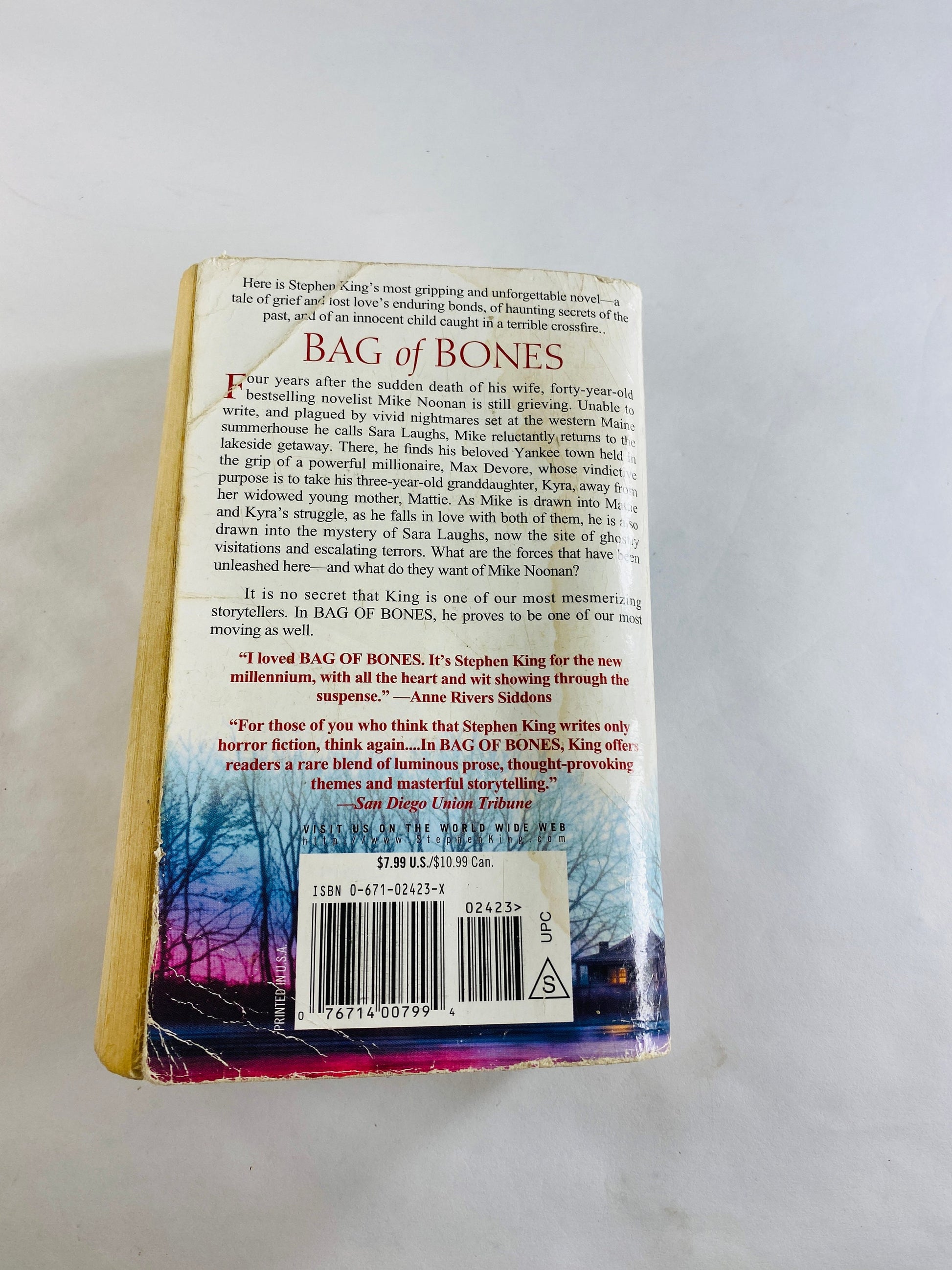 Bag of Bones by Stephen King Vintage paperback book circa 1999 Horror goth gift Grieving widower plagued by vivid nightmares POOR CONDITION