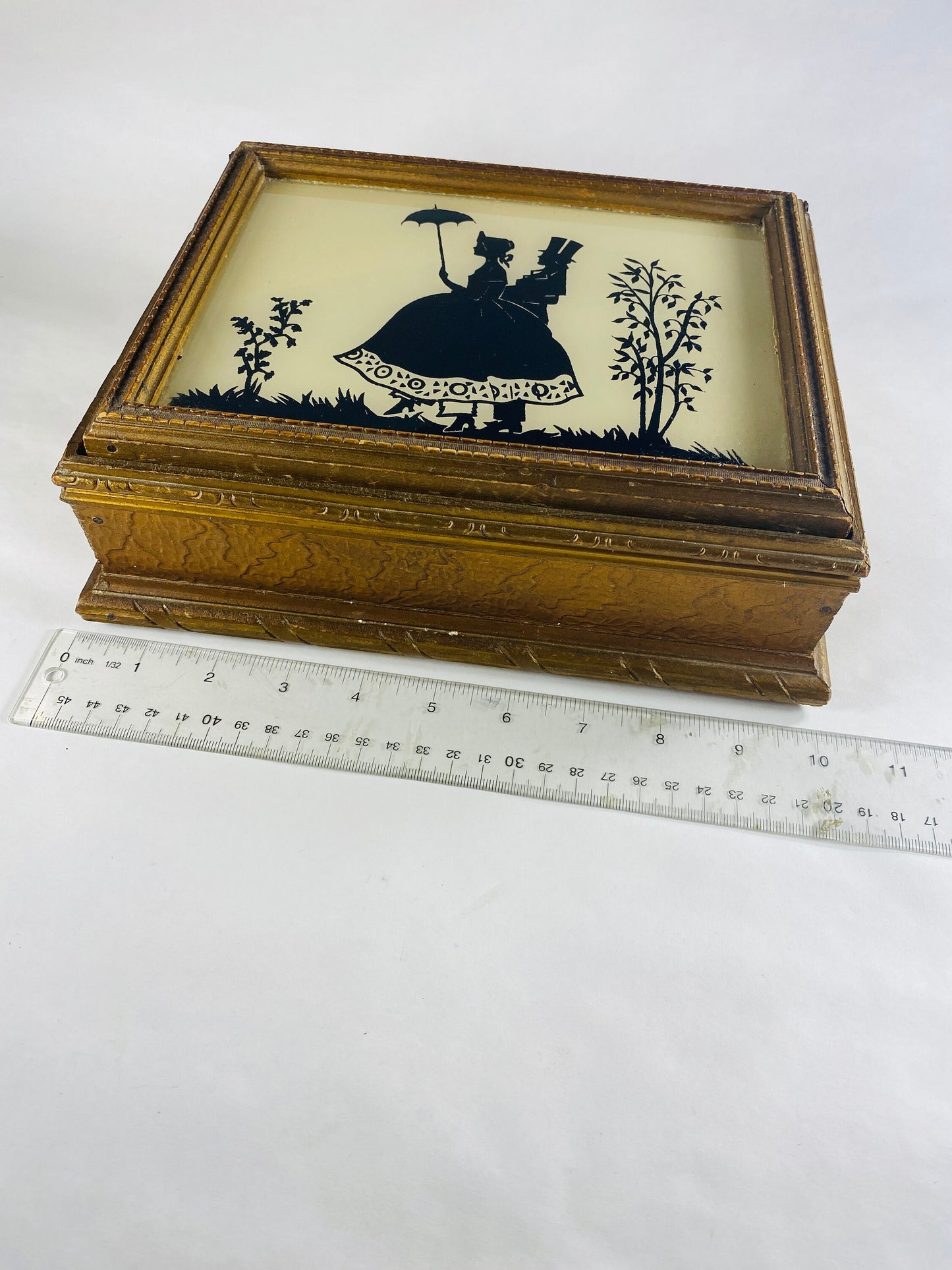 1940s vintage jewelry box GORGEOUS yellow & black Victorian silhouette mirror wood frame Art nouveau trinket storage couple walking umbrella