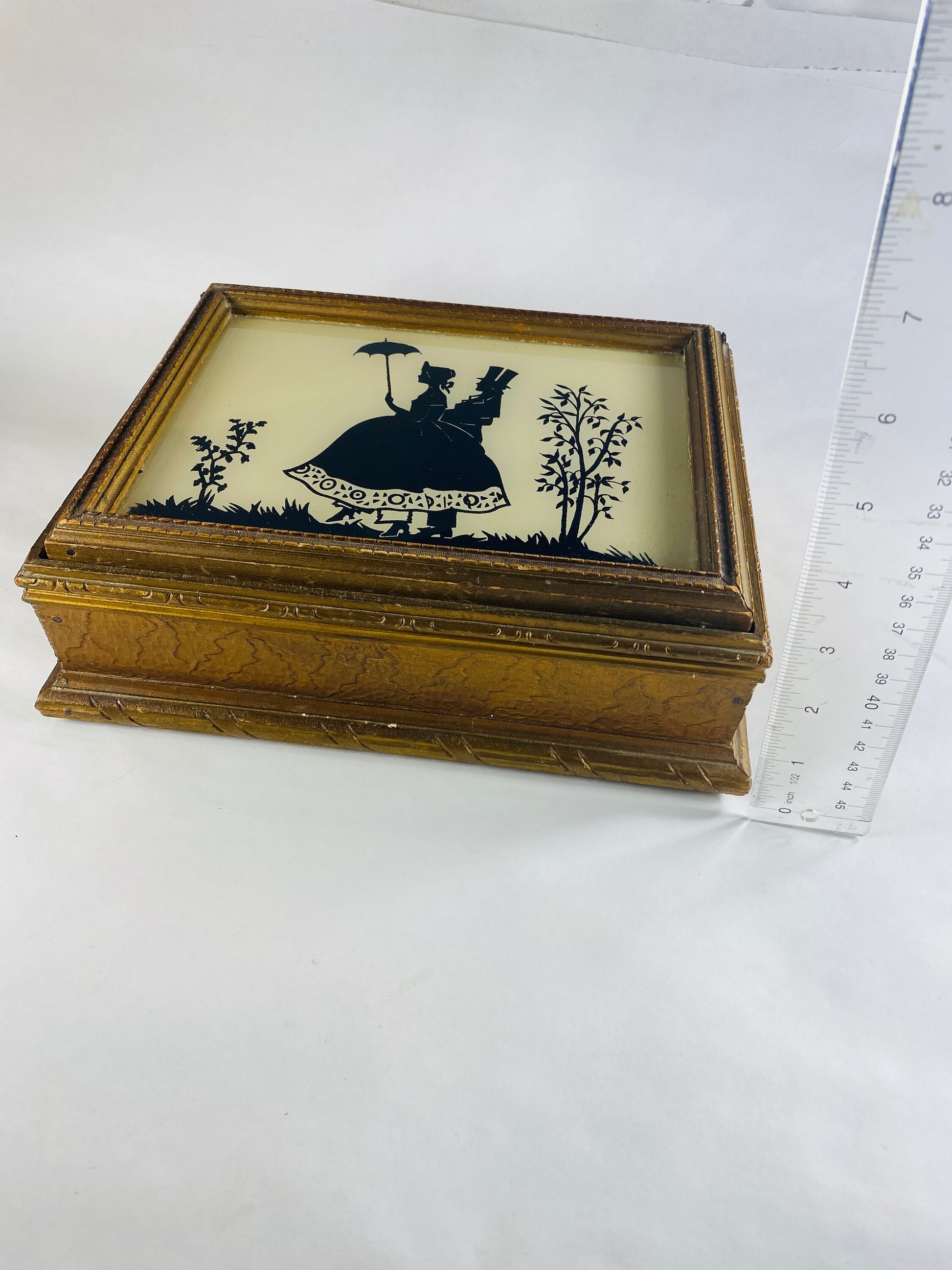 1940s vintage jewelry box GORGEOUS yellow & black Victorian silhouette mirror wood frame Art nouveau trinket storage couple walking umbrella