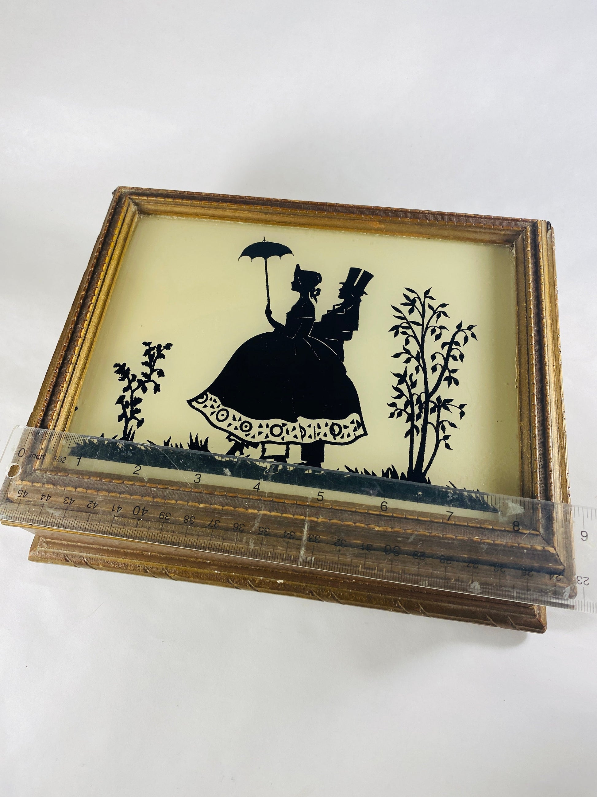 1940s vintage jewelry box GORGEOUS yellow & black Victorian silhouette mirror wood frame Art nouveau trinket storage couple walking umbrella