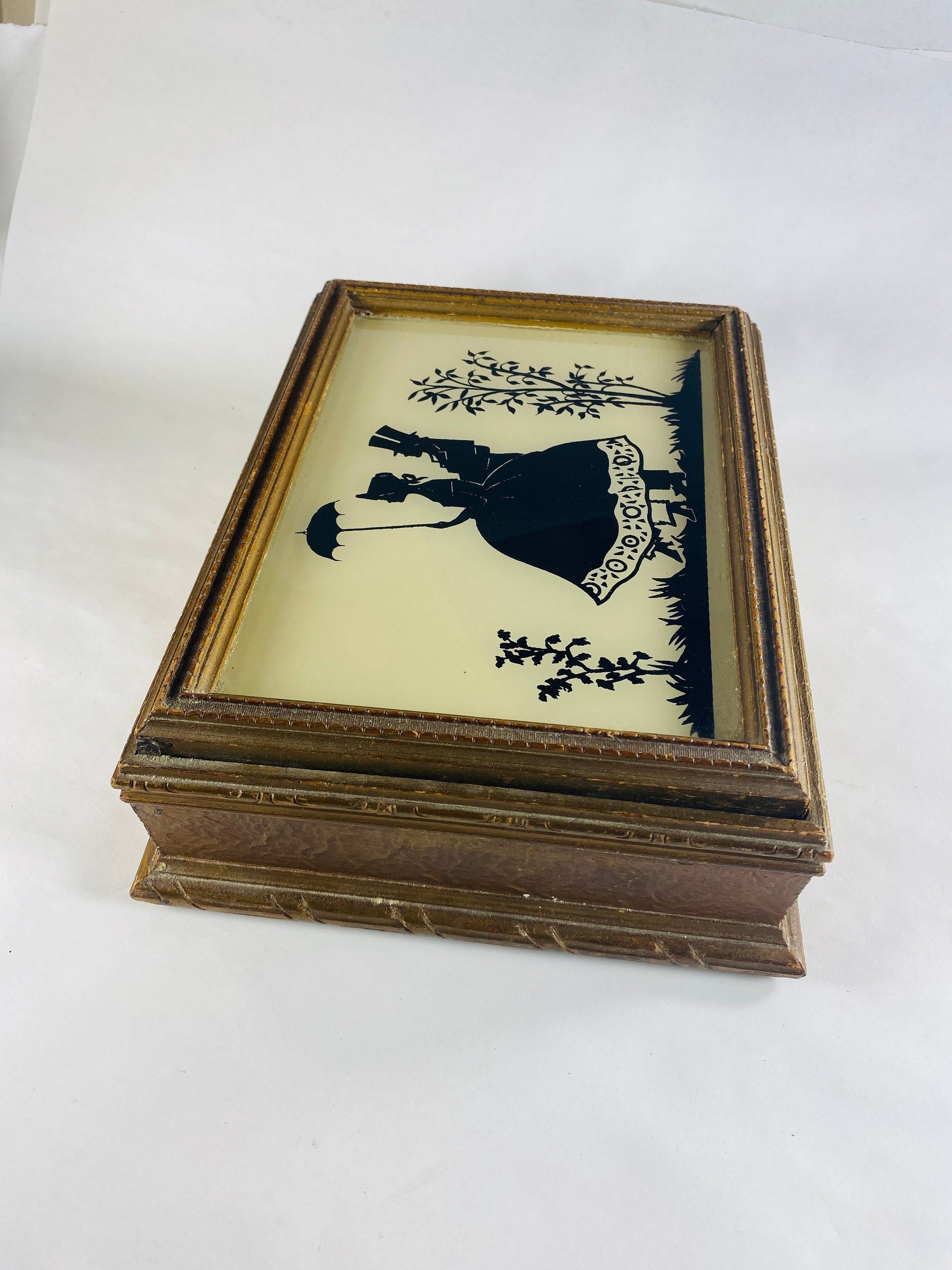 1940s vintage jewelry box GORGEOUS yellow & black Victorian silhouette mirror wood frame Art nouveau trinket storage couple walking umbrella