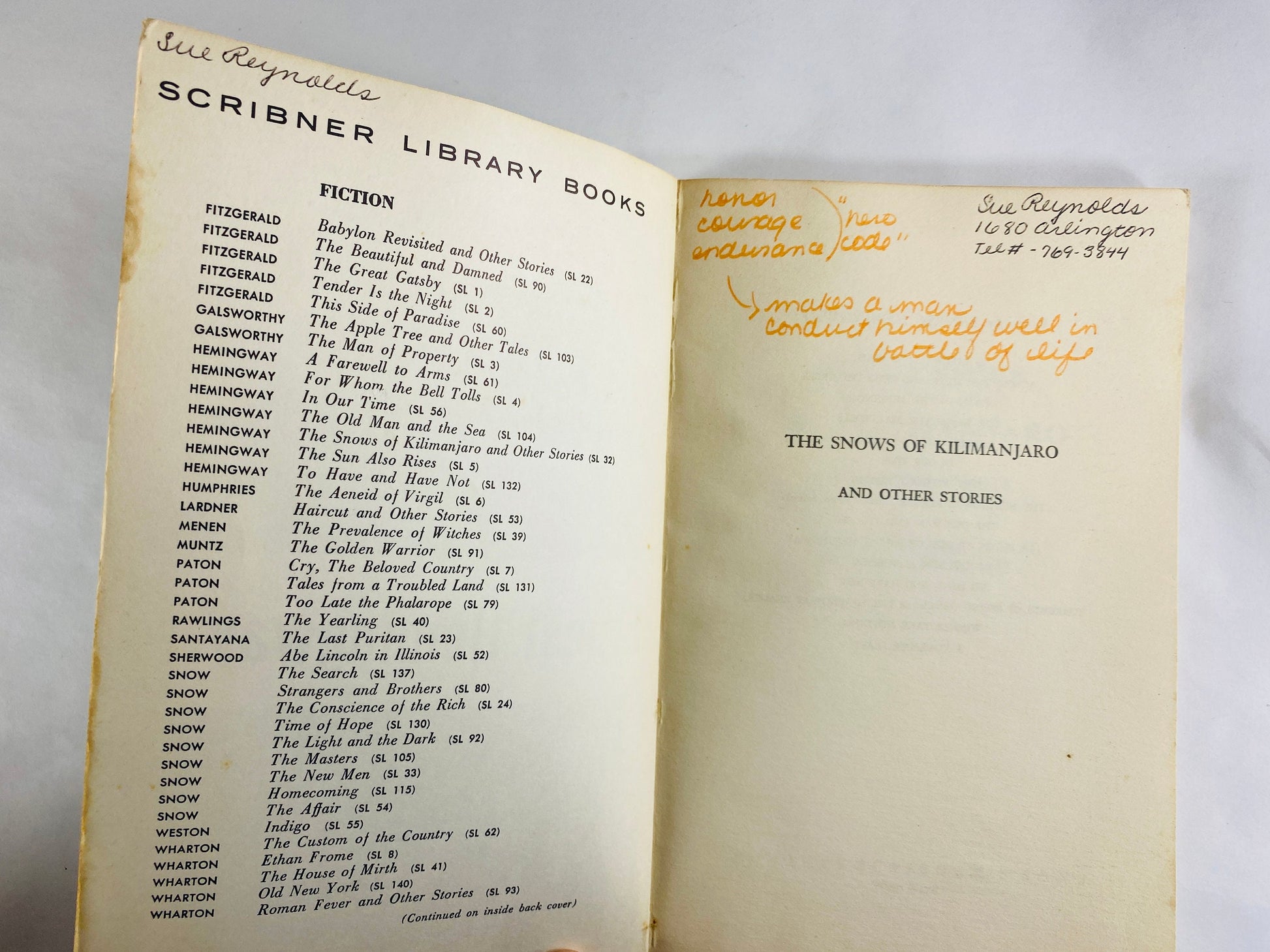 Ernest Hemingway Snows of Kilimanjaro vintage Scribner's Library vintage paperback book circa 1957 Heavily marked notes Please see pictures