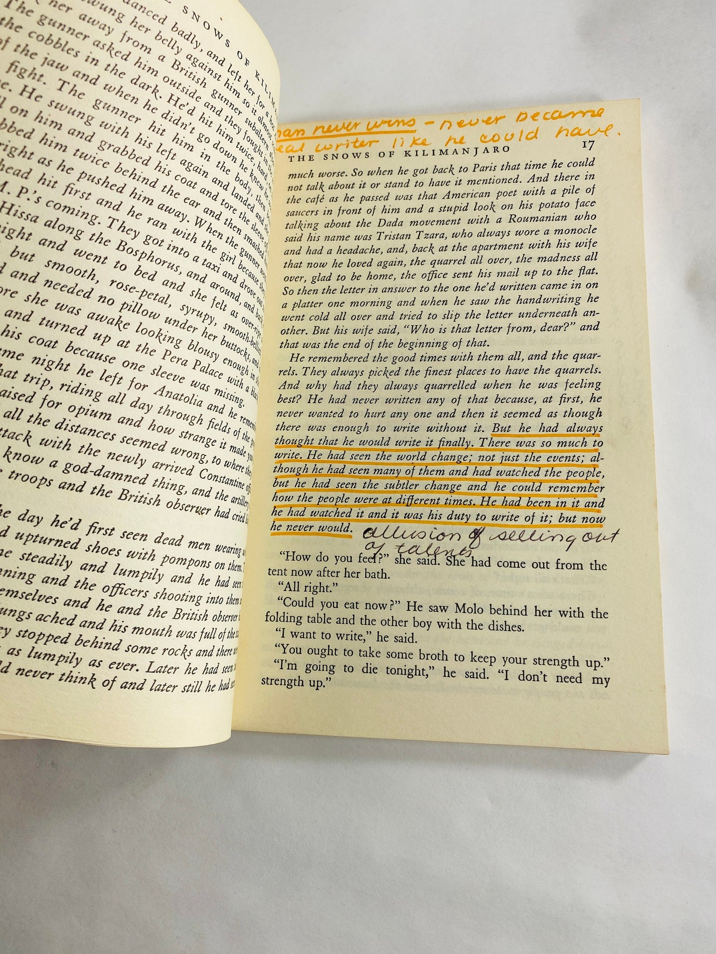 Ernest Hemingway Snows of Kilimanjaro vintage Scribner's Library vintage paperback book circa 1957 Heavily marked notes Please see pictures