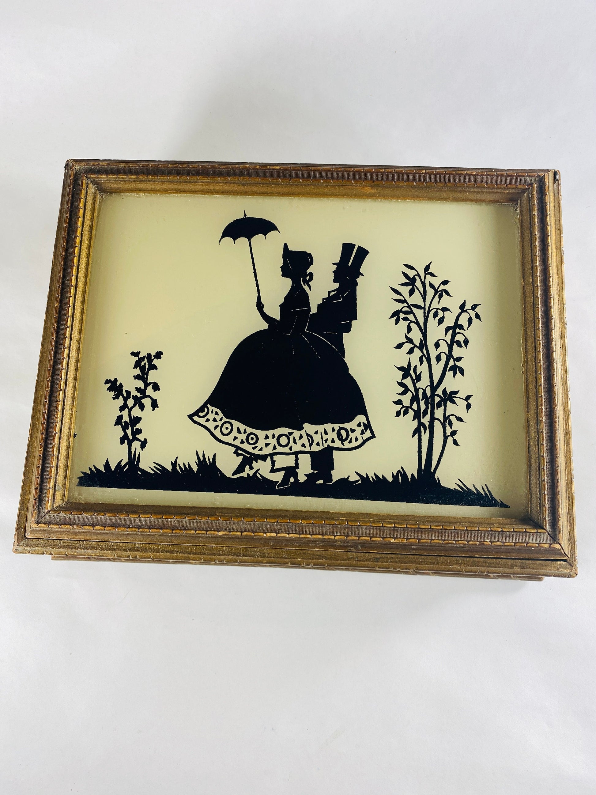 1940s vintage jewelry box GORGEOUS yellow & black Victorian silhouette mirror wood frame Art nouveau trinket storage couple walking umbrella