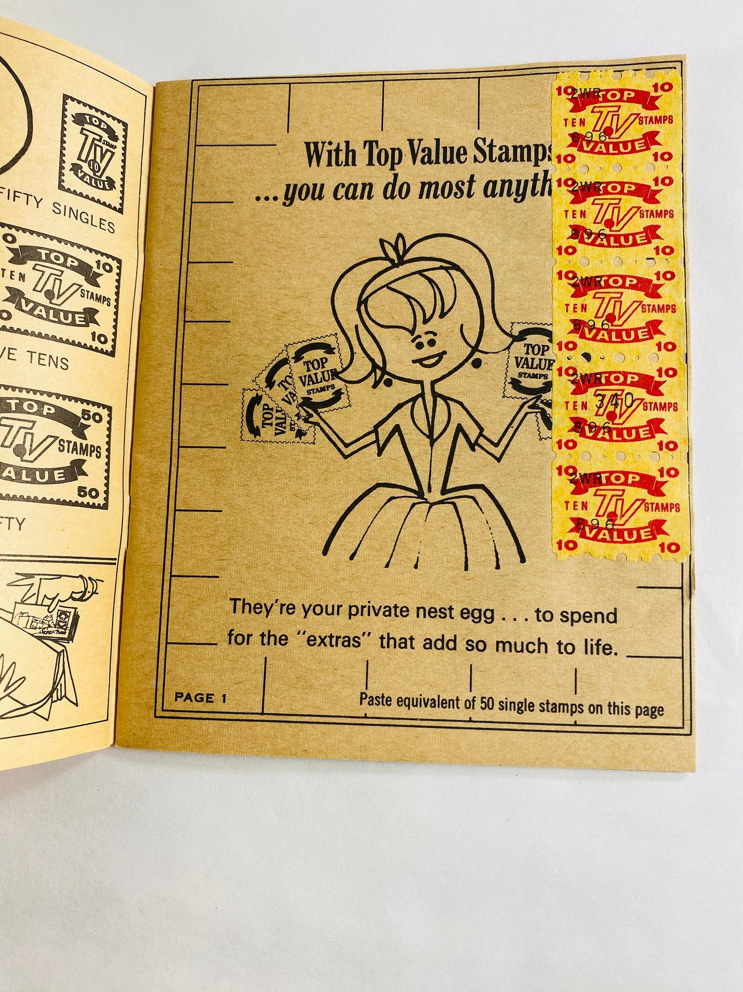 Authentic Top Value Green Stamps Saver booklet with pasted stamps by Top Saver circa 1966. Grocery Store coupons 1960s prop staging decor