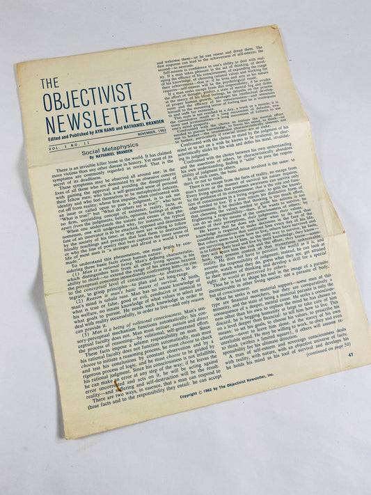 Esthetic Vacuum of Our Age by Ayn Rand The Objectivist Newsletter circa 1962 Volume 1 number 11 Social Metaphysics Original collectible gift