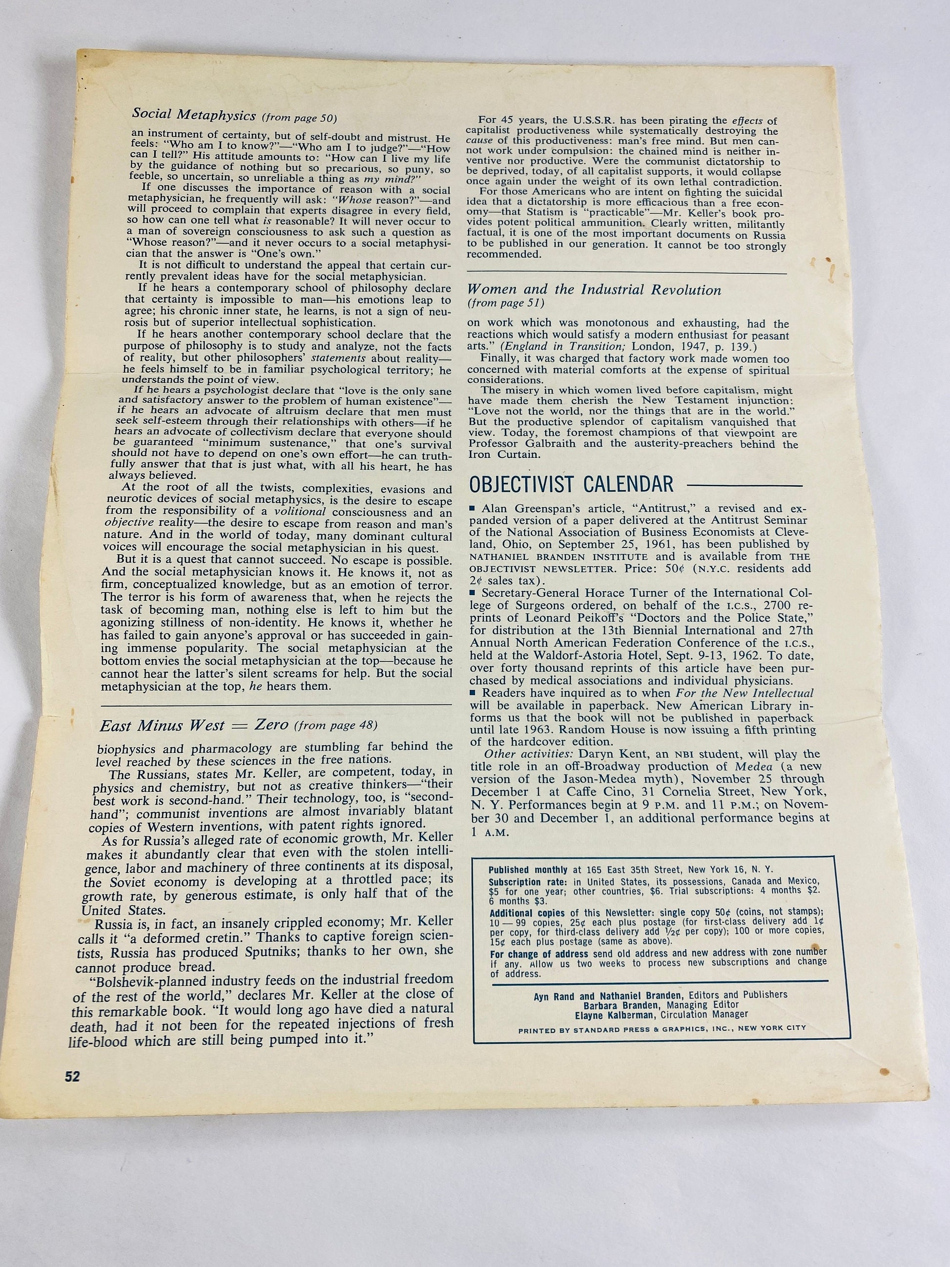 Esthetic Vacuum of Our Age by Ayn Rand The Objectivist Newsletter circa 1962 Volume 1 number 11 Social Metaphysics Original collectible gift