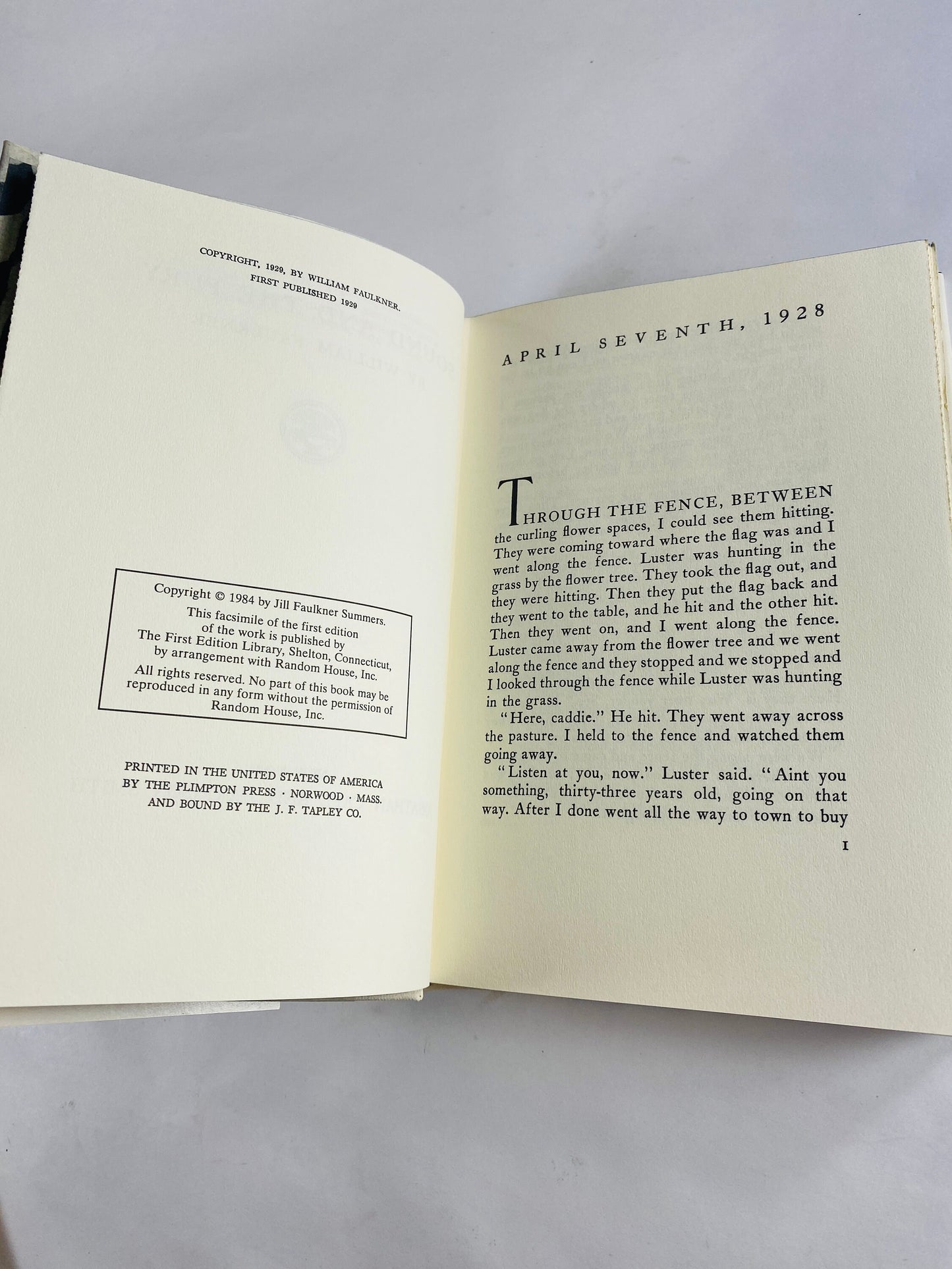 Sound and the Fury vintage book by William Faulkner Tragedy set in Mississippi about former Southern aristocrats and loss of reputation 1984