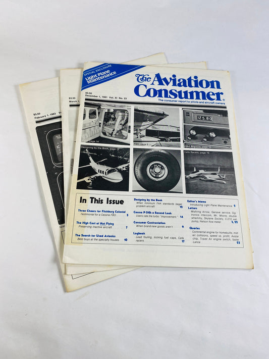 Aviation Consumer vintage magazine lot 1981 1983 FAA standards, turbo, lead fouling, locking fuel caps cockpit, Continental O-470